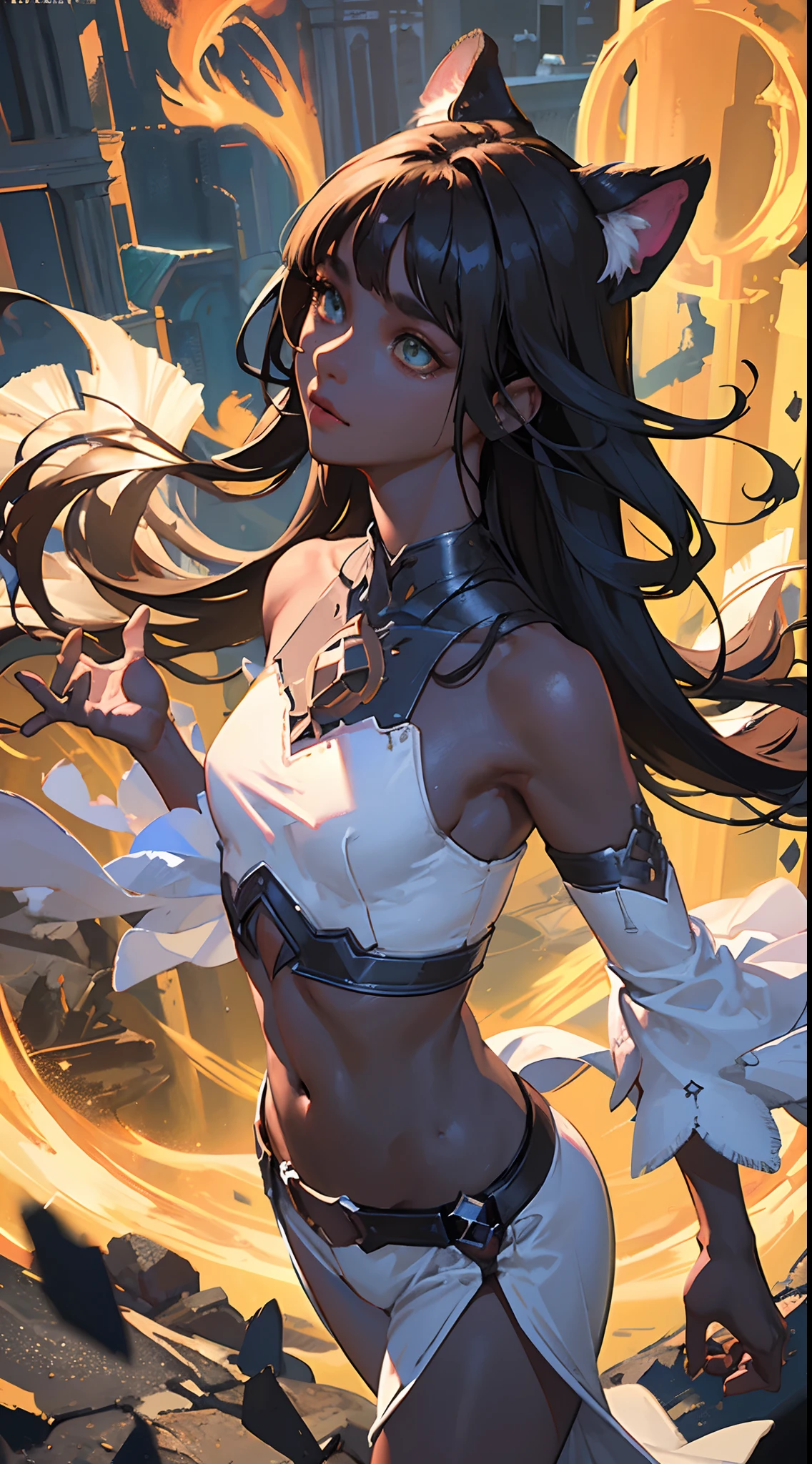 ((Best quality)), ((masterpiece)), (detailed:1.4), 3D, an image of a beautiful fantasy character ,HDR (High Dynamic Range),Ray Tracing,NVIDIA RTX,Super-Resolution,Unreal 5,Subsurface scattering,PBR Texturing,Post-processing,Anisotropic Filtering,Depth-of-field,Maximum clarity and sharpness,Multi-layered textures,Albedo and Specular maps,Surface shading,Accurate simulation of light-material interaction,Perfect proportions,Octane Render,Two-tone lighting,Wide aperture,Low ISO,White balance,Rule of thirds,8K RAW, ((Beautiful man:1)) , ((Dark skin:1.5)) , (( Extremely long hair)) , Brown hair , ((male:1.4)) , full lips , Green eyes , ((has black Tiger ears:1)) , ((Crop top:1)) , ((Skinny build)) age 32 , walking in a lush forest, day time