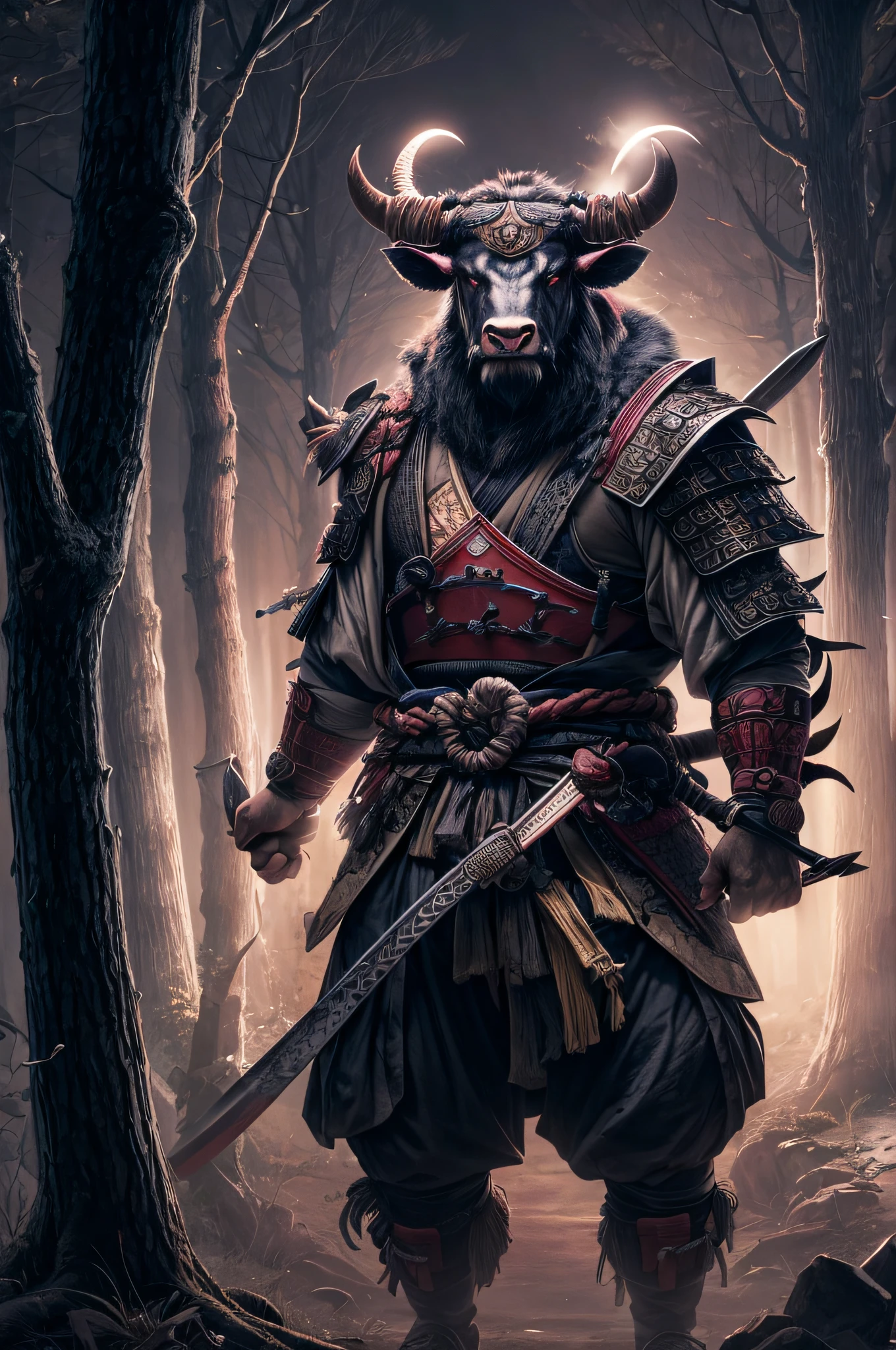 A Minotaurus with characteristic Bull's Head wearing Samurai Outfit in A Old Forest At Night,dynamic and imposing pose