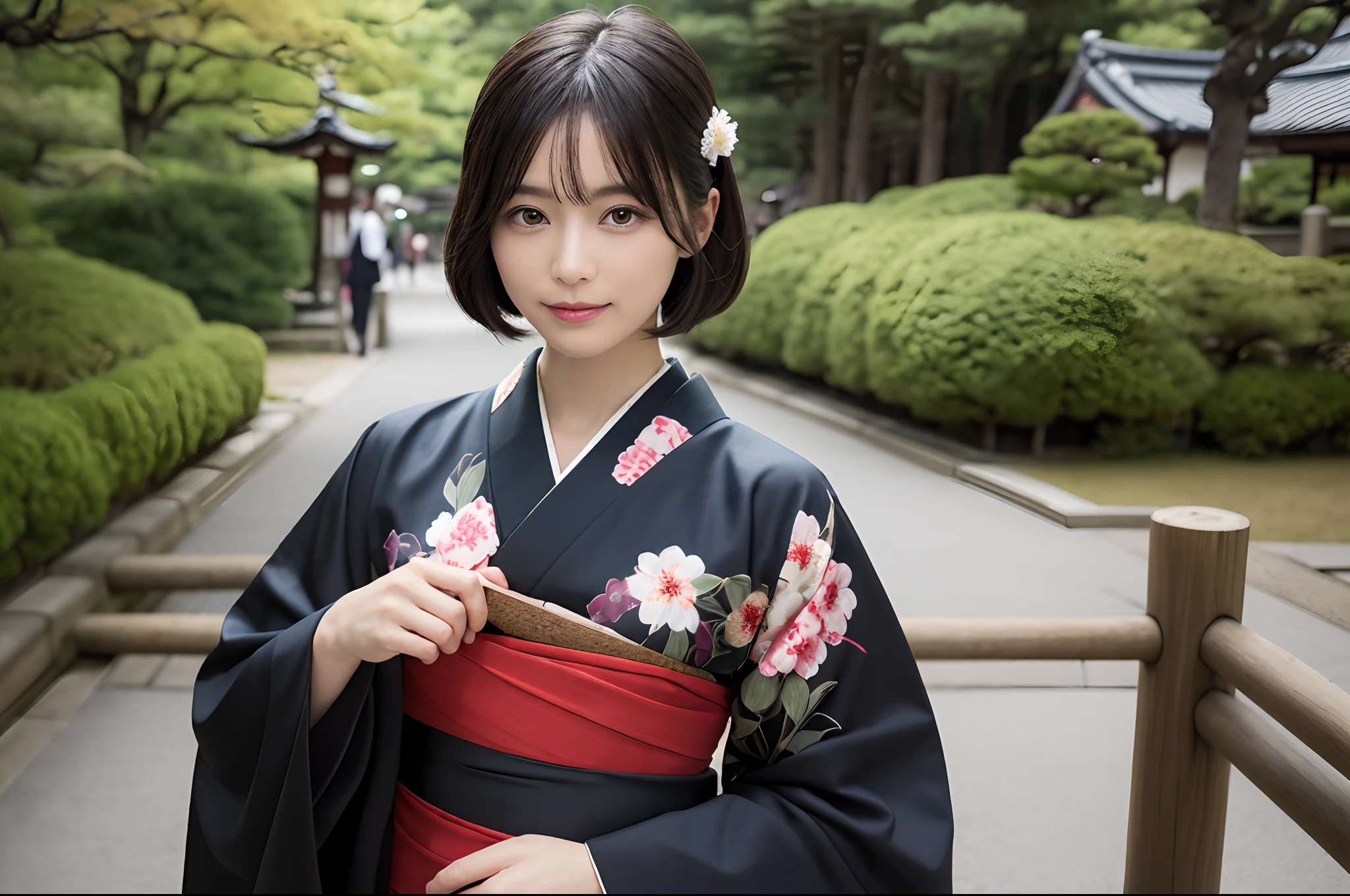 masutepiece, Best Quality, illstration, Ultra-detailed, finely detail, hight resolution, 8K quality wallpapers, Perfect dynamic composition, Beautiful detailed eyes, Kimono, Appearance of a well-formed kimono, (Black Shorthair), A slight smil, Looking at the camera, Kyoto Uzumasa Studio Park, Japan castle town