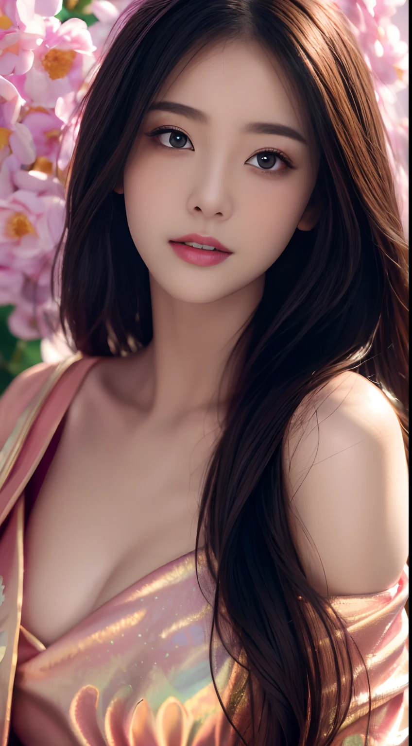 best qualtiy,tmasterpiece,A high resolution,1girll,Dingdall effect,realisticlying,edge lit,twotonelighting,(highdetailskin:1.2),8K UHD,Pure,Sweet,Flower background,Colorful background,Based on physical rendering,Perfect light and shadow,extreme hight detail,Pink tones,Eye reflections,Raised sexy,perfect bodies,Superb beauty,largeeyes,long eyelasher,Delicate eyes,large shiny eyes,Minor pupillary reflexes,Shoulder and neck details,The pupil texture is delicate,Perfect eyes,Black pupils,best qualtiy,tmasterpiece,16k,A picture,head portrait,Bigchest,longer sleeves,Take care of your chest,Large breasts,Delicate avatar