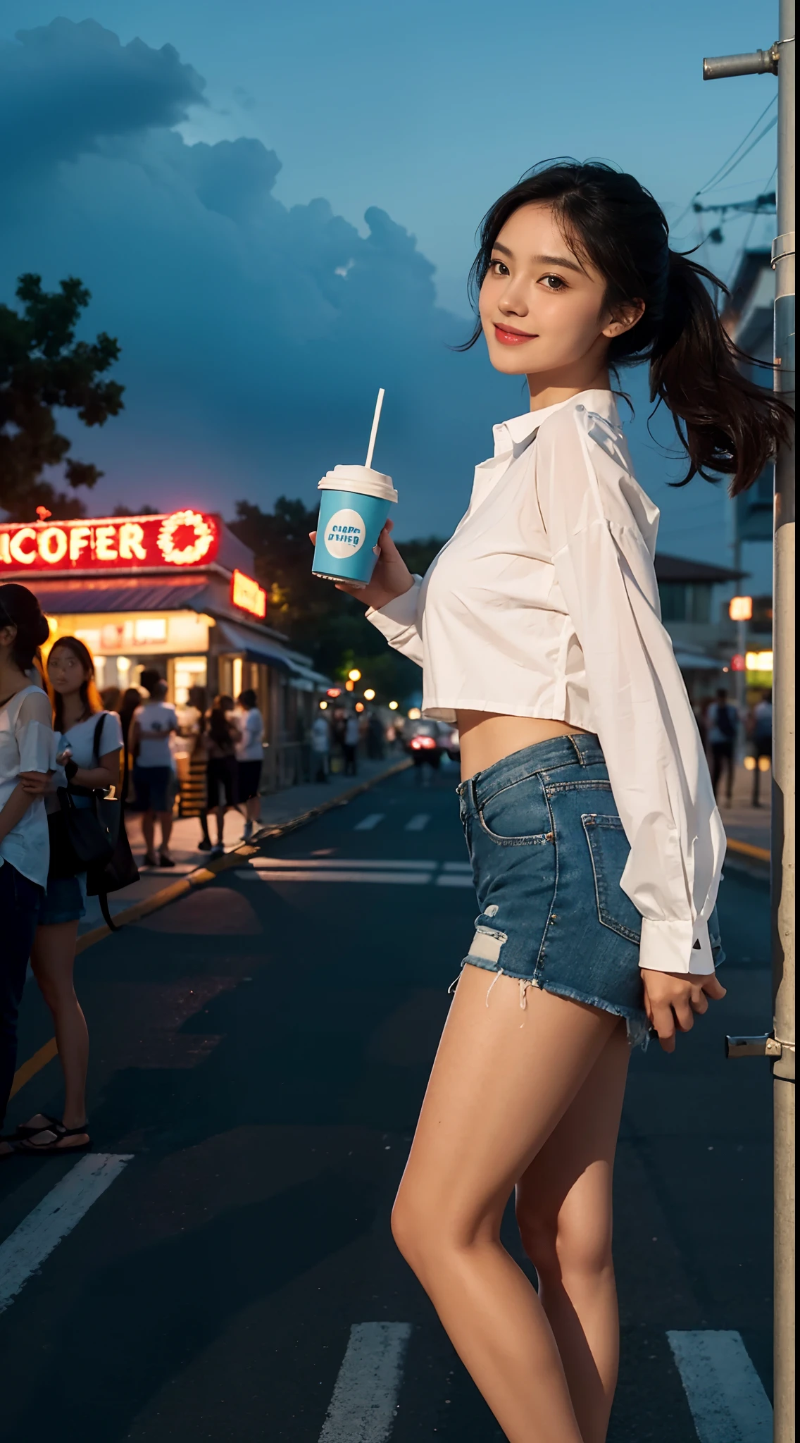 ((big underboob)), (shoulder-length straighthair: 1.2), Black hair,Short ponytail，（Extremely meticulous CG 8k wallpaper），（Extremely refined and beautiful），（Masterpiece），（best qualtiy：1.0），（Ultra High Resolution：1.0），beautiful light up，Perfect lightning，realistic shaded，[A high resolution]，Smooth and flawless fair skin，Extremely exquisite facial details，（perfect body：1.1），ultra - detailed，A beautiful girl，small head，(huge breasts:1.1)，towering chests，plump figure，Smile，cheerfulness，（white collared long sleeved shirt:1.1），（blue shorts：1.1），White sandals，Summer，Dusk, sunset light，Standing at the school gate，Holding a Long tube blue coffee cup in hand，Close Shot，Surrounded by a crowded crowd