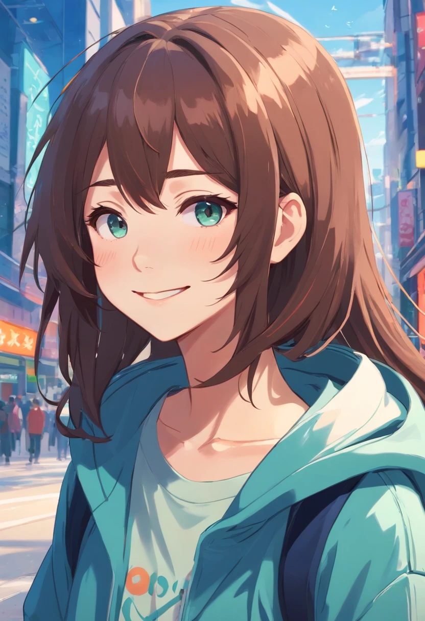 Anime girl with long messy brown hair and an oversized hoodie, anime look of an emo girl, cheerful smile, pretty high school anime girl, anime look of a young woman, extremely cute girl face anime, anime best girl, sly smile, teal and red skateboard