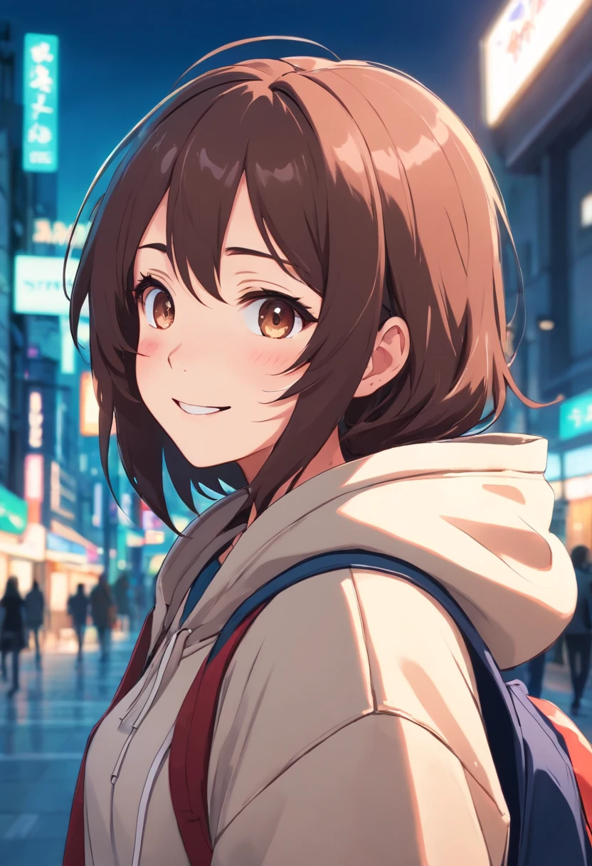 Anime girl with long messy brown hair and an oversized hoodie, anime look of an emo girl, cheerful smile, pretty high school anime girl, anime look of a young woman, extremely cute girl face anime, anime best girl, sly smile, teal and red skateboard