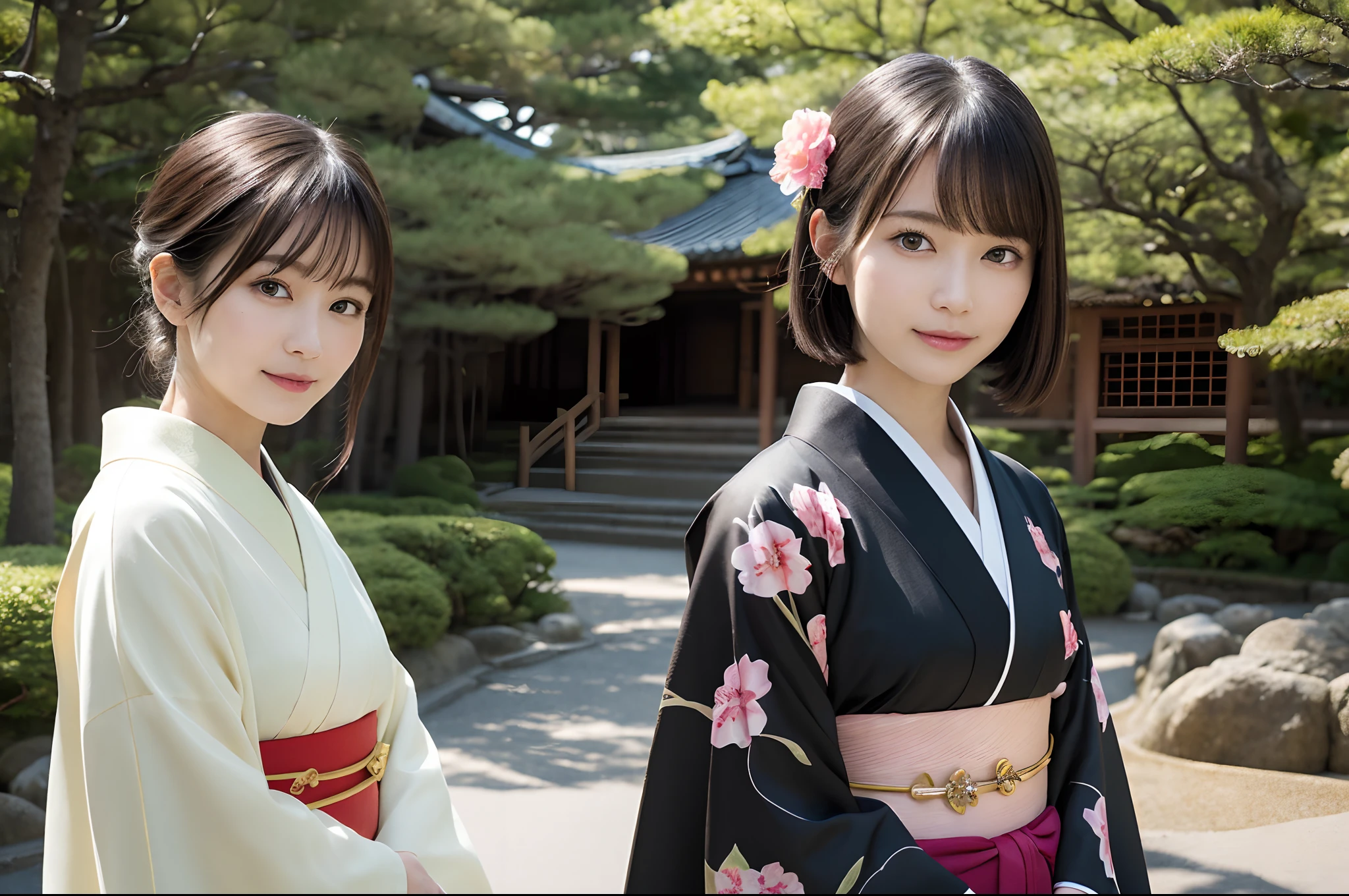 masutepiece, Best Quality, illstration, Ultra-detailed, finely detail, hight resolution, 8K quality wallpapers, Perfect dynamic composition, Beautiful detailed eyes, Kimono, Appearance of a well-formed kimono, (Black Shorthair), A slight smil, Looking at the camera, Kyoto Uzumasa Studio Park, Japan castle town