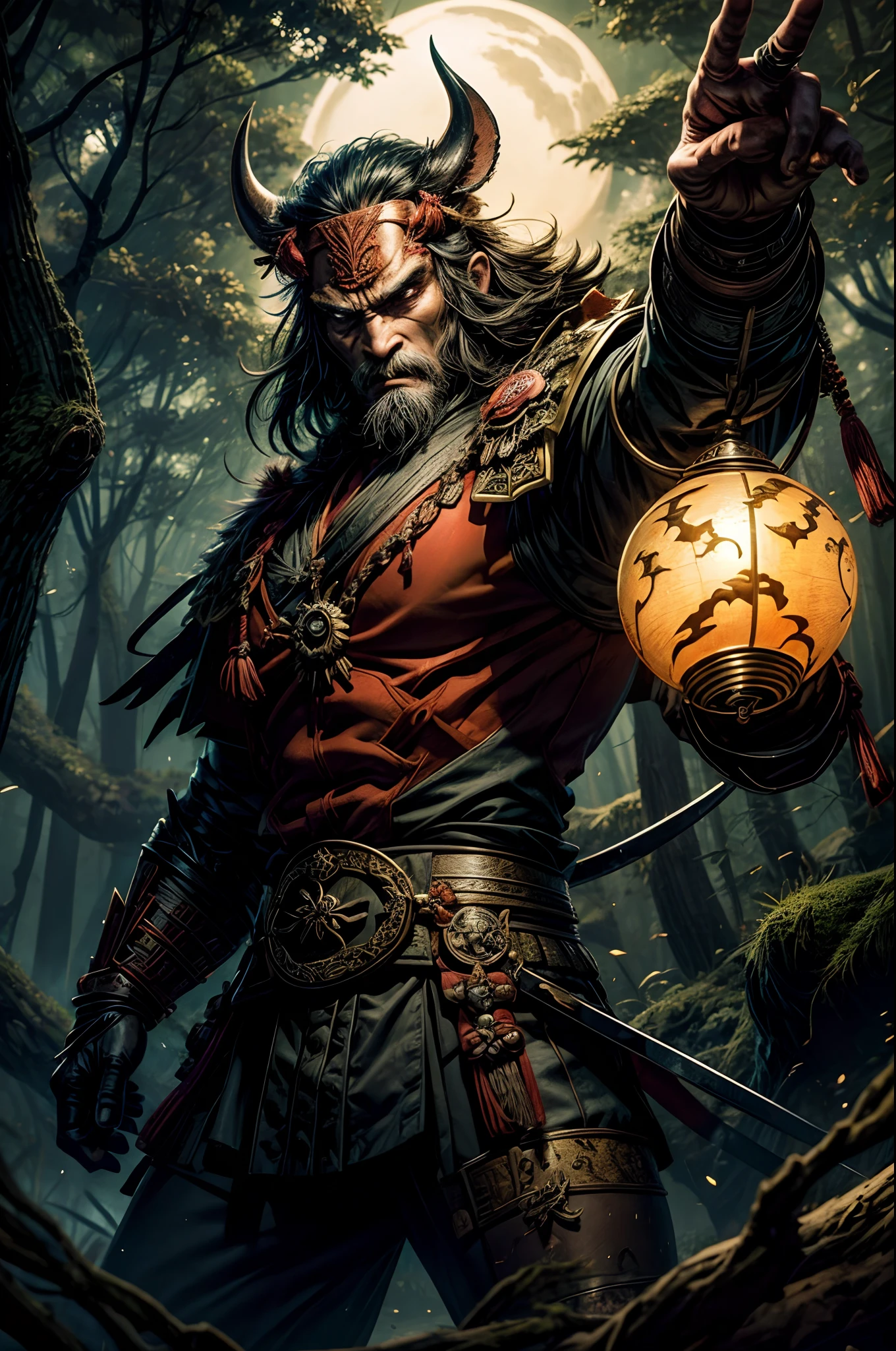 A Minotaurus wearing Samurai Outfit in A Old Forest At Night, Warhammer,