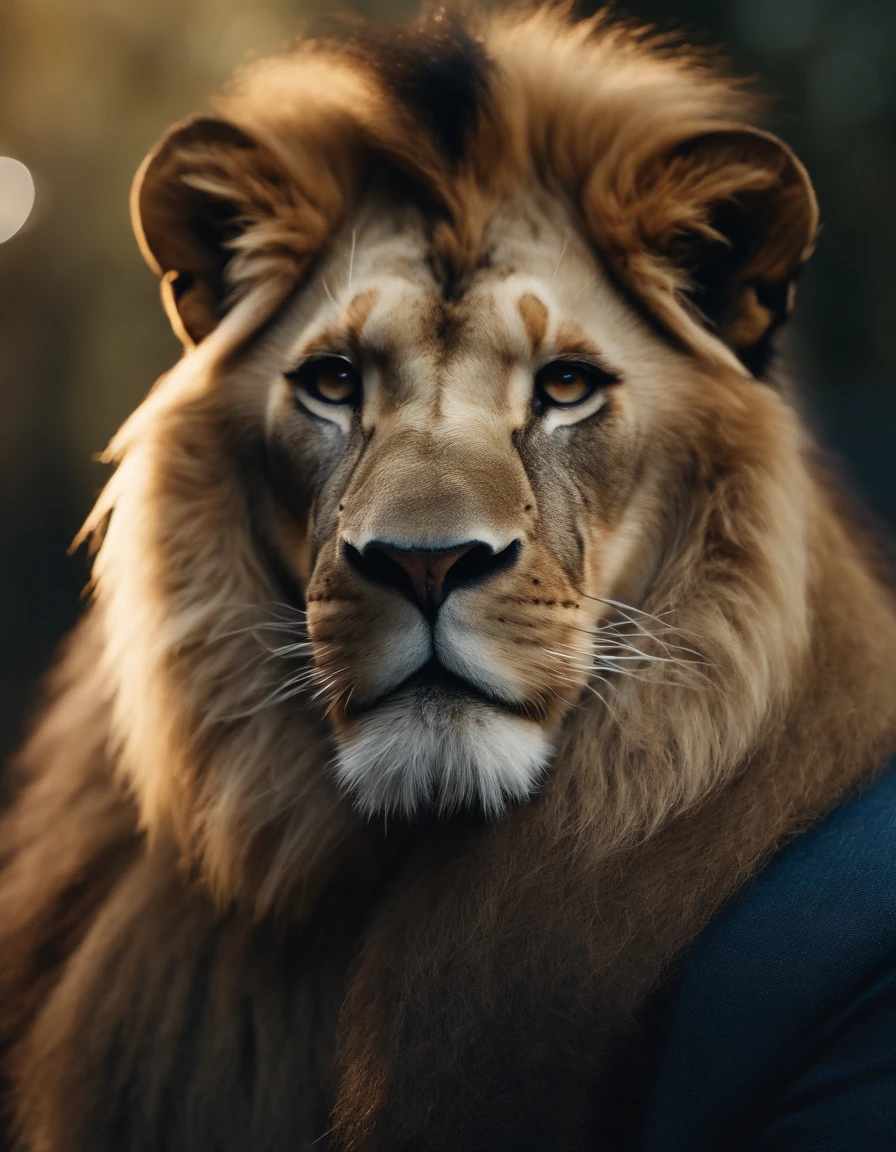 (best quality,4k,8k,highres,masterpiece:1.2),ultra-detailed,(realistic,photorealistic,photo-realistic:1.37), The lion anthropomorphic :1.7, (Furry ears:1.3), medium shot, glowing light eyes, golden hair, Golden crystal glass material, royal flash noble, facial features, facial details, gorgeous clothing, exquisite facial features, surrounded by halos, dark blue, cinematic shooting, full of vitality, expressive, soft focus, best quality, 16k, high resolution, fine detailssacred, Very bright colors,Light particles, with light glowing,Mshiff,wallpaper art,UHD wallpaper, (Paired with Canon EF 35mm F/1.4L II USM lens for versatile compositions:1.2)