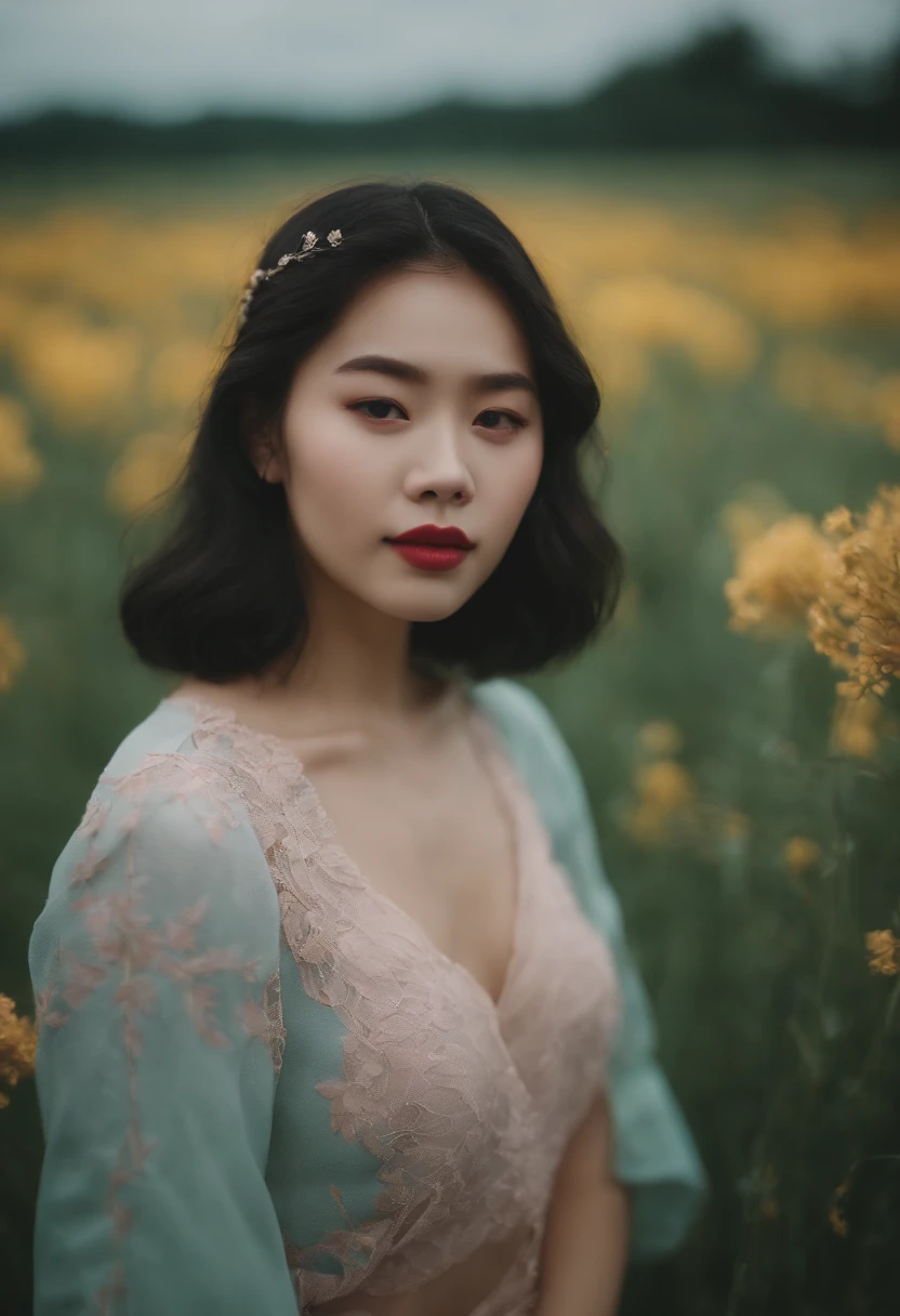 Market, neopop Meadows, in the style of kawaii aesthetic, helios 44-2 58mm f/2, asian-inspired, soft yet vibrant,(upper body)