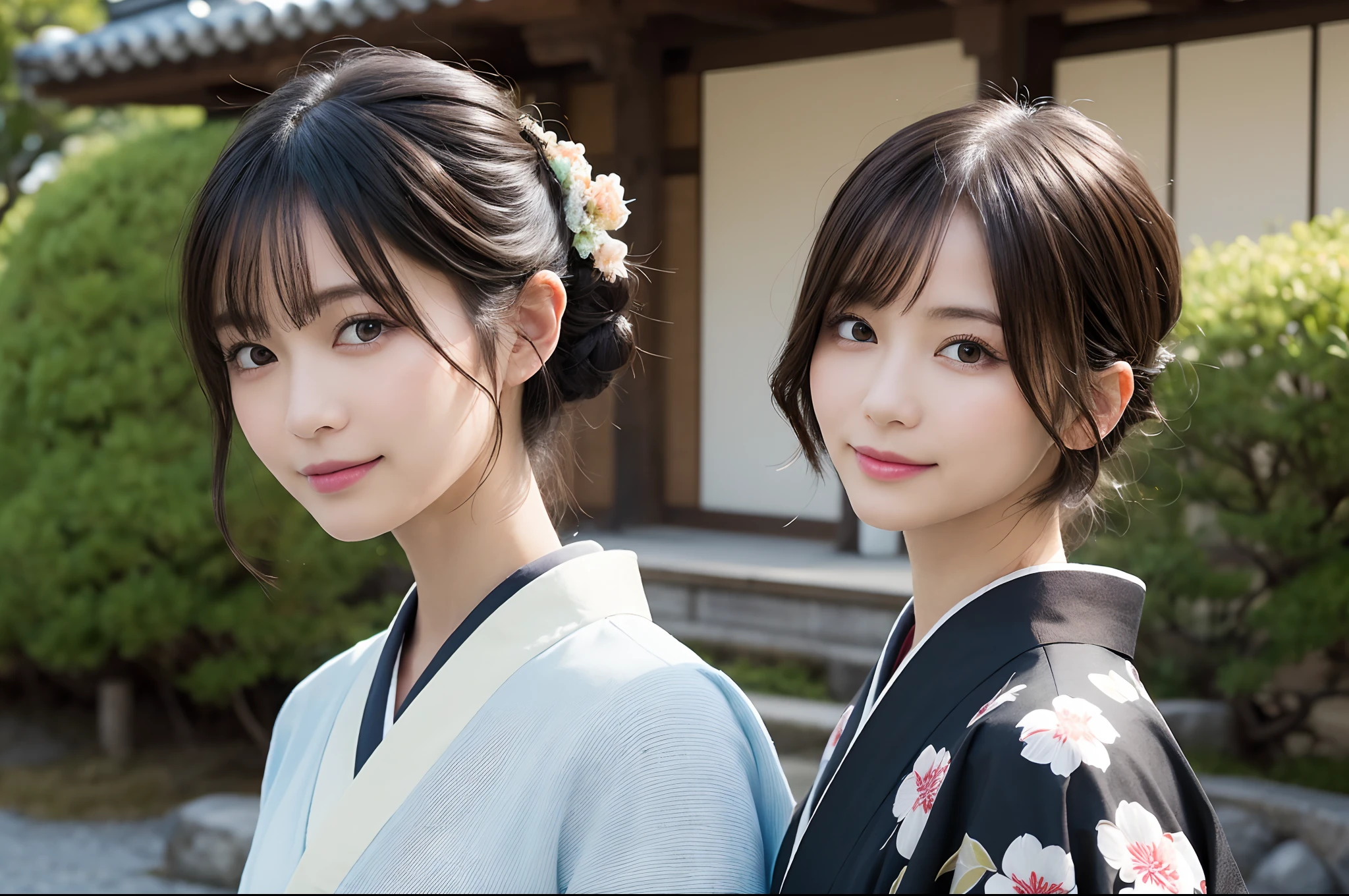 masutepiece, Best Quality, illstration, Ultra-detailed, finely detail, hight resolution, 8K quality wallpapers, Perfect dynamic composition, Beautiful detailed eyes, Kimono, Appearance of a well-formed kimono, (Black Shorthair), A slight smil, Looking at the camera, Kyoto Uzumasa Studio Park, Japan castle town
