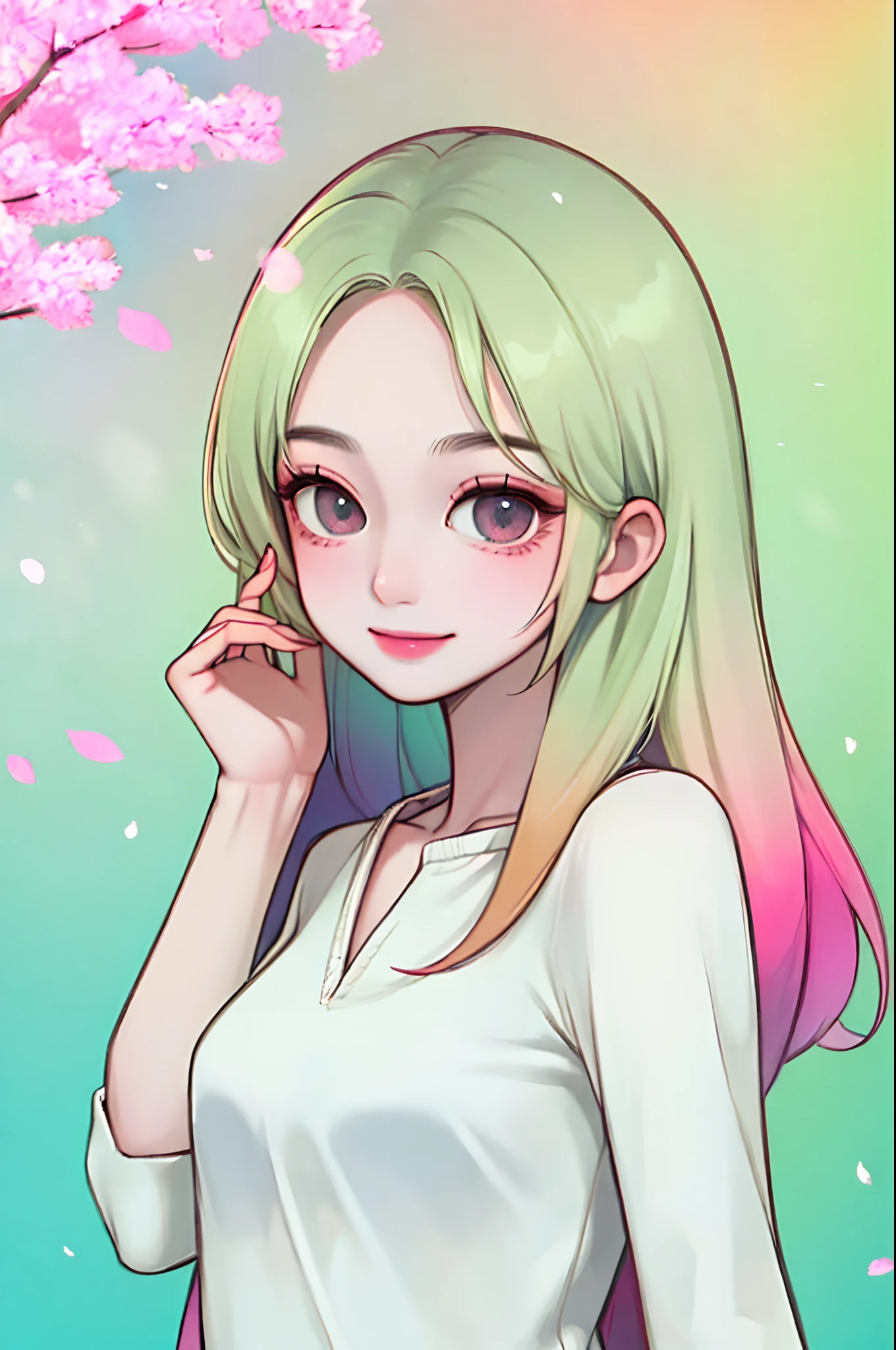 (Masterpiece, Best quality), 1girll, (Small face), Sharp eyes, Breasts, Light smile, Colorful, Cherry blossoms, Leaves, standing, gradient backgrounds, (cowboy_Shot), Real picture