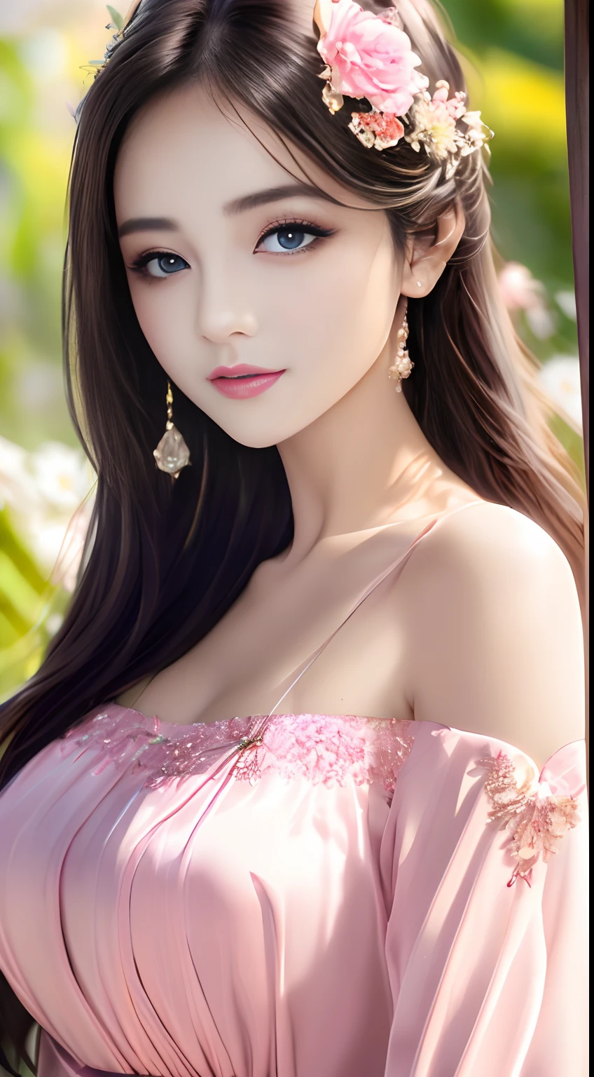 best qualtiy,tmasterpiece,A high resolution,1girll,Dingdall effect,realisticlying,edge lit,twotonelighting,(highdetailskin:1.2),8K UHD,Pure,Sweet,Flower background,Colorful background,Based on physical rendering,Perfect light and shadow,extreme hight detail,Pink tones,Eye reflections,Raised sexy,perfect bodies,Superb beauty,largeeyes,long eyelasher,Delicate eyes,large shiny eyes,Minor pupillary reflexes,Shoulder and neck details,The pupil texture is delicate,Perfect eyes,Black pupils,best qualtiy,tmasterpiece,16k,A picture,head portrait,Bigchest,longer sleeves,Take care of your chest,Large breasts,Delicate avatar