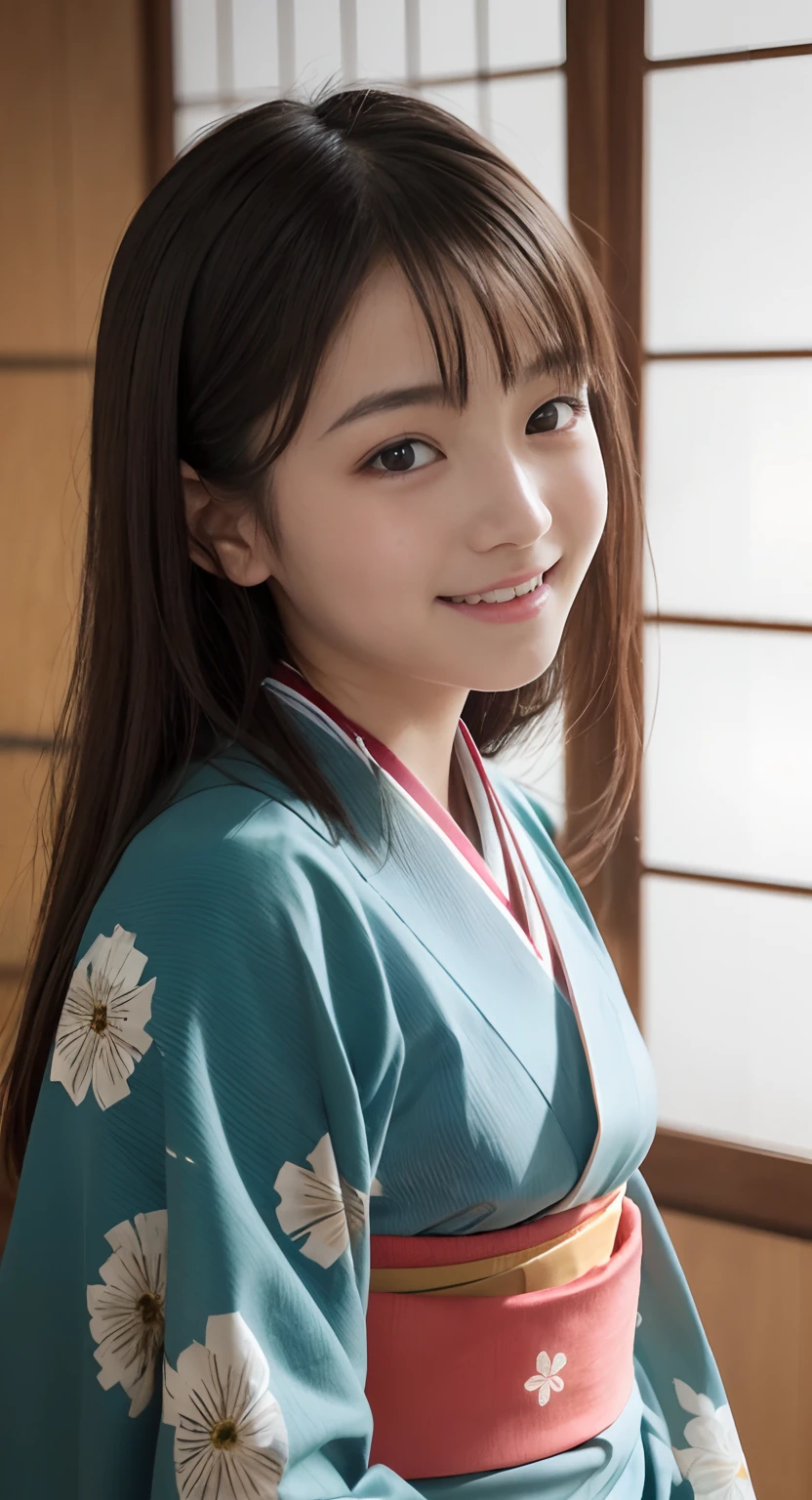 Beautiful shy Japanese girl, Age 20 years old, Light honey-colored long hair, Brown eyes, Glossy Lips, Shiny hair and shiny body, Big Breasts, Wearing a floral yukata, Light green clothes, At a Japanese restaurant, Light shines in, Ecstatic expression, Photo with blurred background, She has her hair tied,