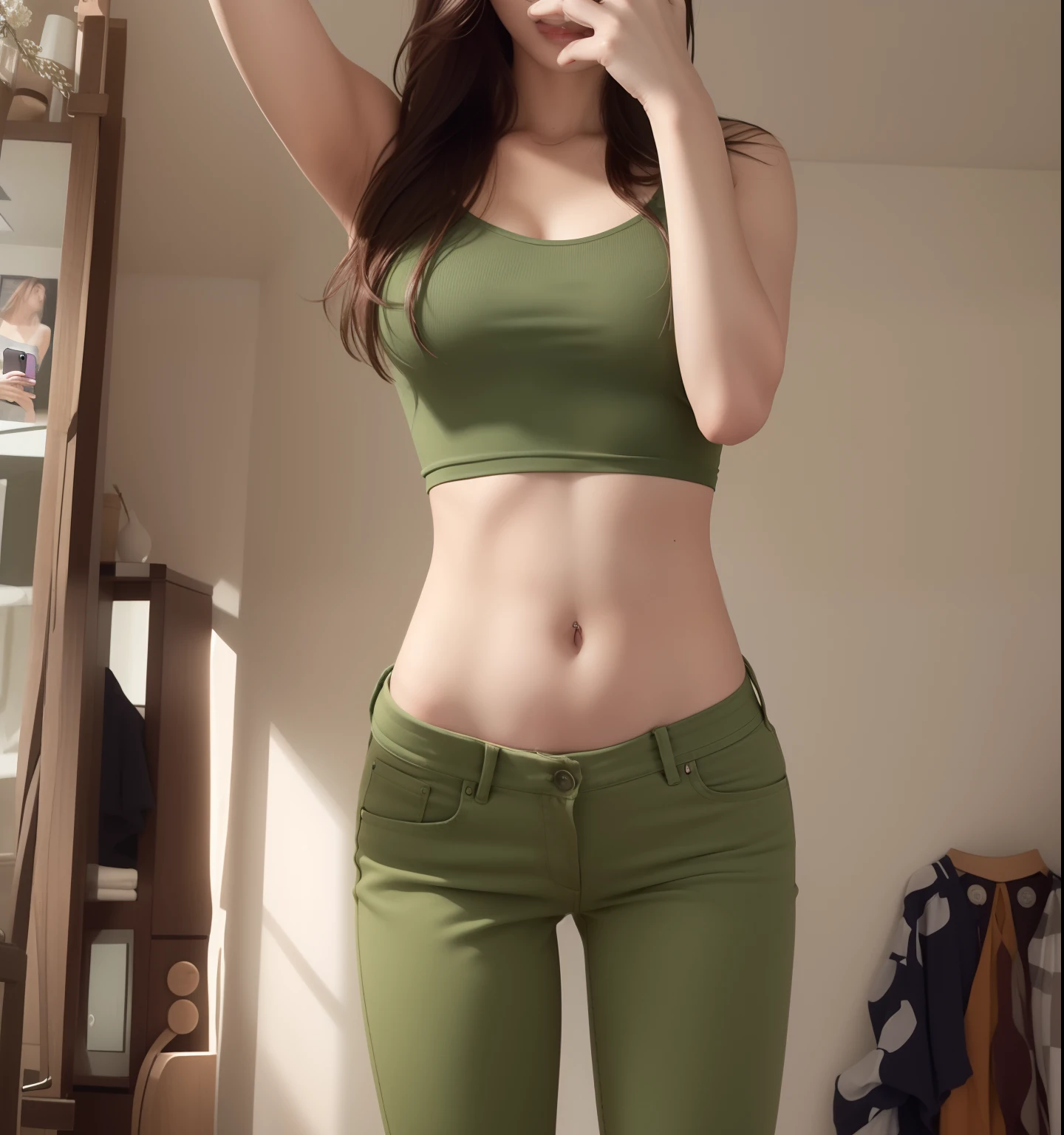 araffe green jeans a woman wearing a low cut purple top small breasts showing taking a selfie in a mirror with a cell phone, photo of slim girl, skinny waist and thick hips, green jeans purple shirt, photo of slim girl model, slender waist, thin waist, full extremely slim body, fit dainty figure, fit pic, her belly button is exposed, 2 4 year old female model, thin-waist, tinyest midriff ever