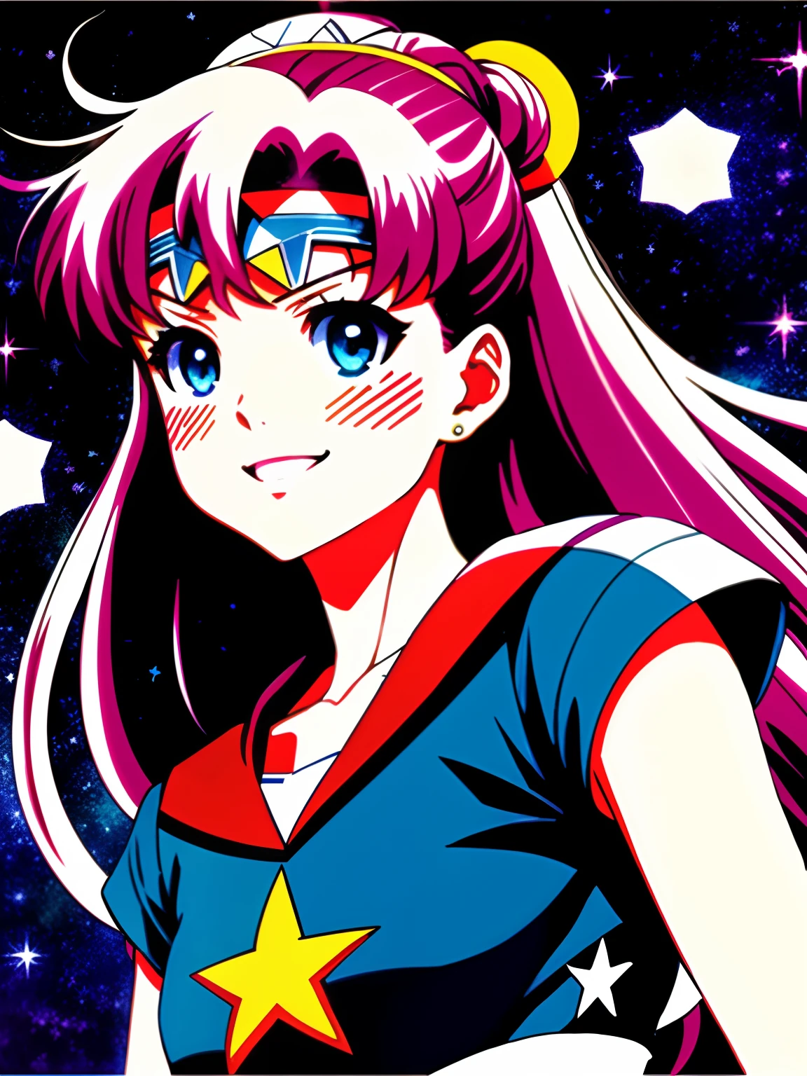 Ultra-detailed portrait of Sailor Moon 1 girl smiles, Captain America clothes,Color digital painting, Highly detailed, Digital painting, art stations, Intricate, Sharp focus, Warm lighting, Attractive, High quality, Masterpiece, Award-winning art, A work of art by Yoshitaka Amano, and Brian Frowder, trending on artstationh, deviantart trend, anime key visual, anime coloring, (Anime screencap:1.2),(Graphic novel),(style of anime:1.3), trending on CGSociety