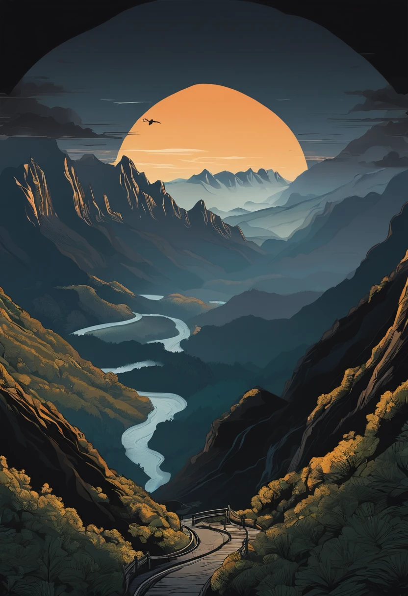/imagine prompt: Tianmen Mountain illustration with black background sticker, Bold outline style, Light Shadow --V 5.2