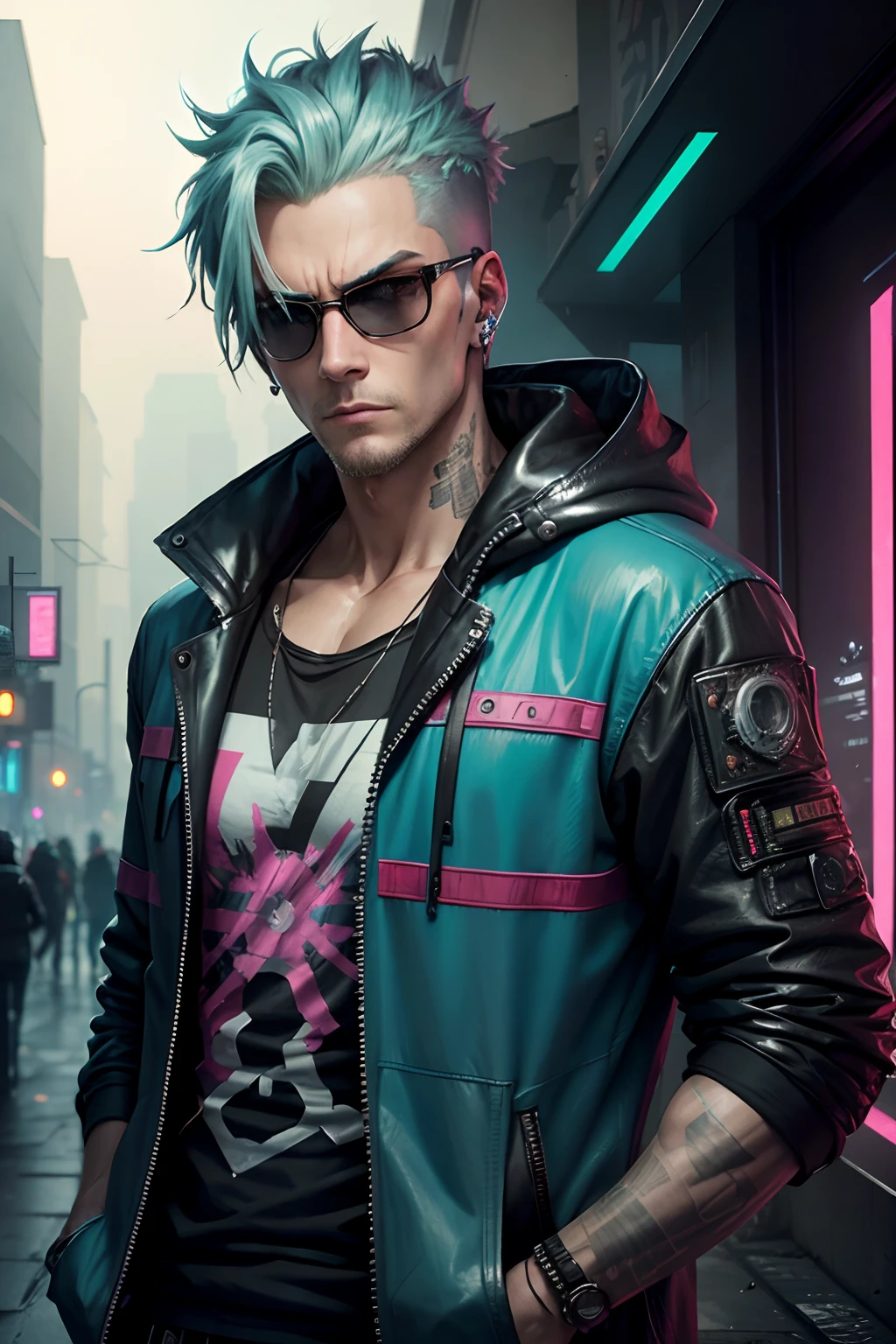 Cyberpunk, Mann mit Bart Brille. Netrunner, Old, shabby clothes,