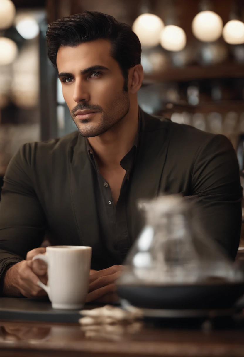 (front view) very detailed photograph of a italian man, detailed coffee shop background, (with black hair), (dark eyes) (symmetric handsome face) nice and well defined nose, (well marked and angular jaw), proportioned and full lips, stunning realistic photography, realistic soft color, octane render, intricately detailed, sharp focus, stunning full color, shot on DSLR camera, 32k resolution, best quality, (focus on skin texture)