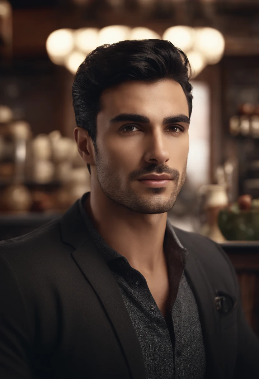 (front view) very detailed  photograph of a italian man, detailed coffee shop background, (with black hair), (dark eyes) (symmetric handsome face) nice and well defined nose, (well marked and angular jaw), proportioned and full lips, stunning realistic photography, realistic soft color, octane render, intricately detailed, sharp focus, stunning full color, shot on DSLR camera, 32k resolution, best quality, (focus on skin texture)
