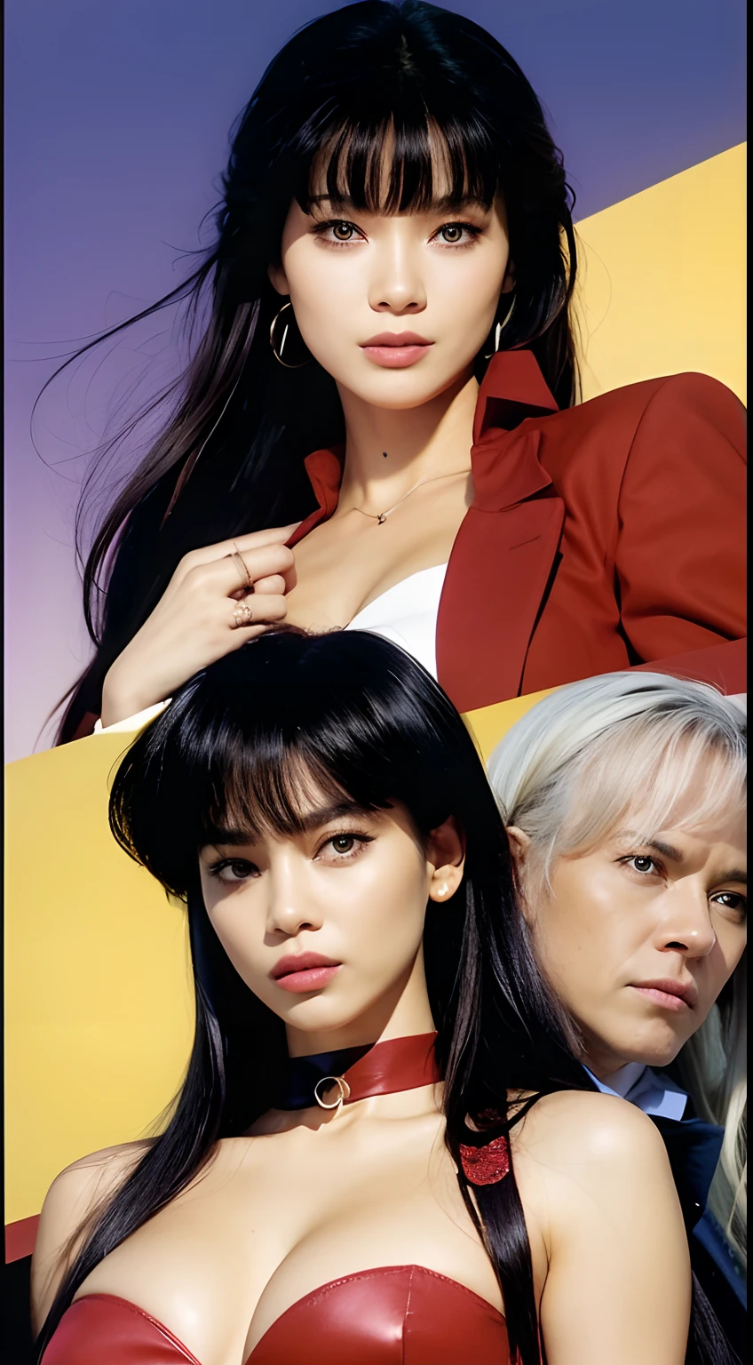 Close-up of a woman wearing a red top and two other women