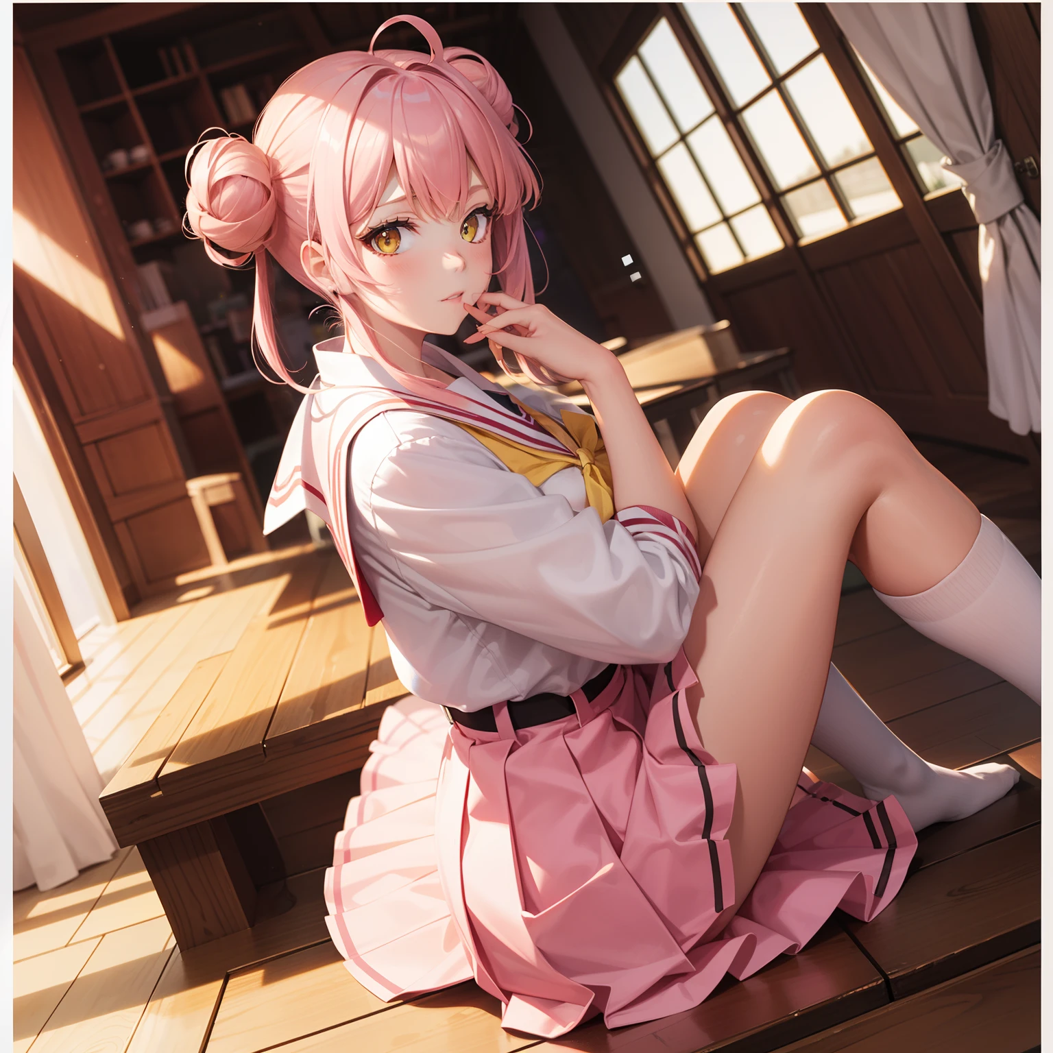 Yellow eyes, pink hair with buns, school uniform, kitsune features