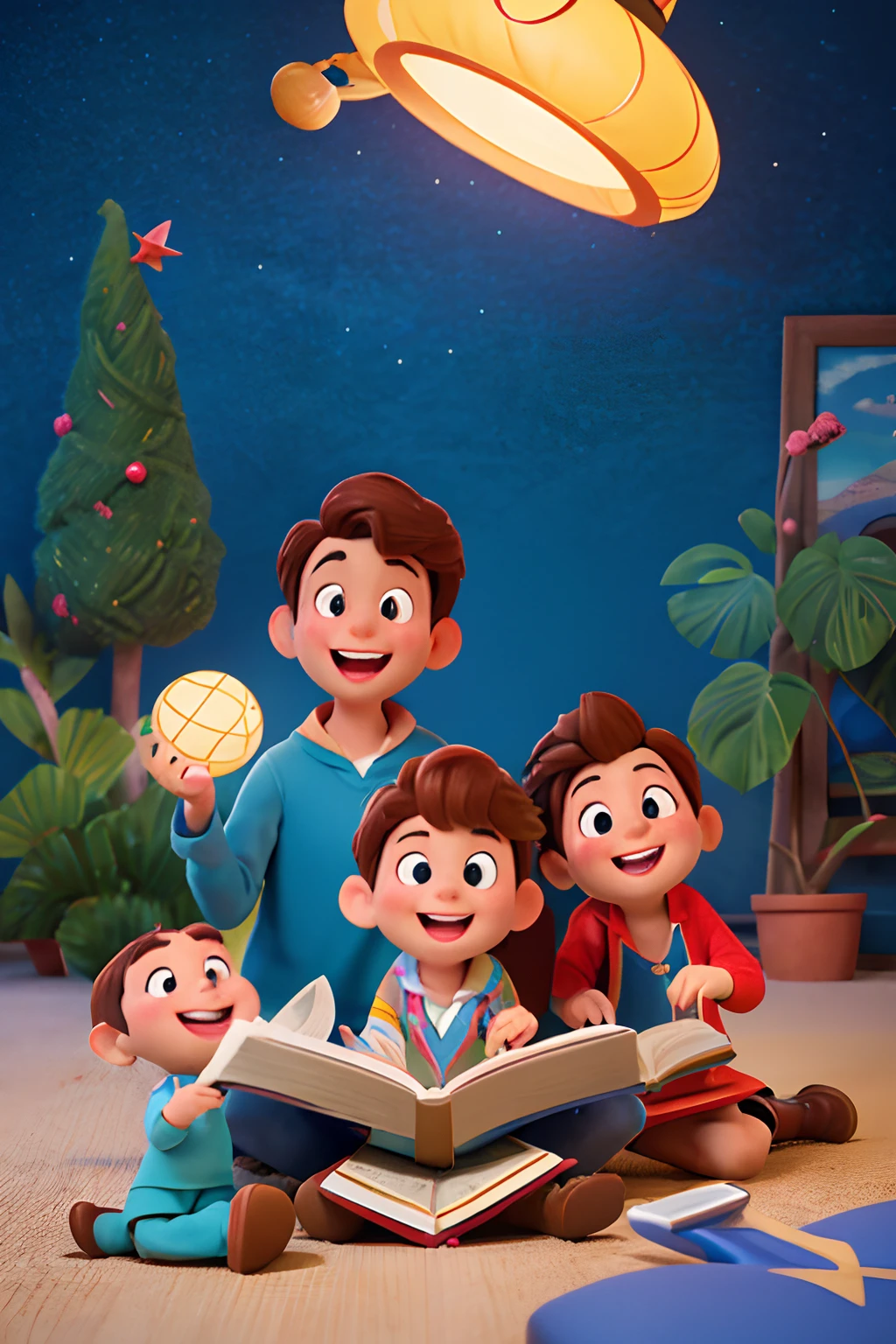 (best quality:1.2,4K:1.2,highres:1.2,masterpiece:1.2),Disney Pixar style,parents,children and grandparents laughing uncontrollably while reading a hilarious book,ultra-detailed,realistic:1.37,vivid colors,studio lighting,sharp focus,physically-based rendering,happy family,joyful expressions,cartoonish characters,kids' book,beautifully illustrated,humor,fantastic world,fantastic creatures,colorful backgrounds,breathtaking scenery,storybook feel