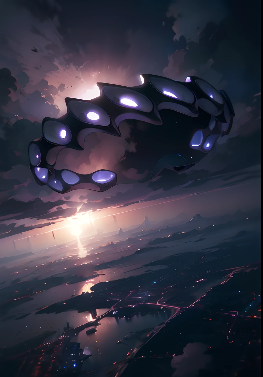 Above the dark city,In the dark and empty sky,Floating a huge one,Silver,Glowing spaceship