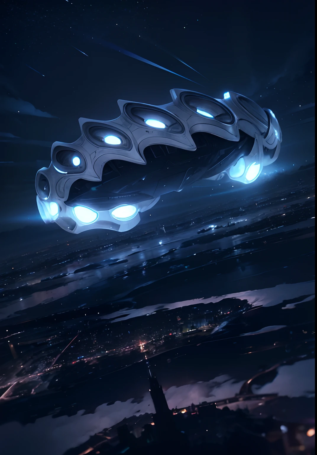 Above the dark city，In the dark and empty sky，Floating a huge one，Silver，Glowing spaceship