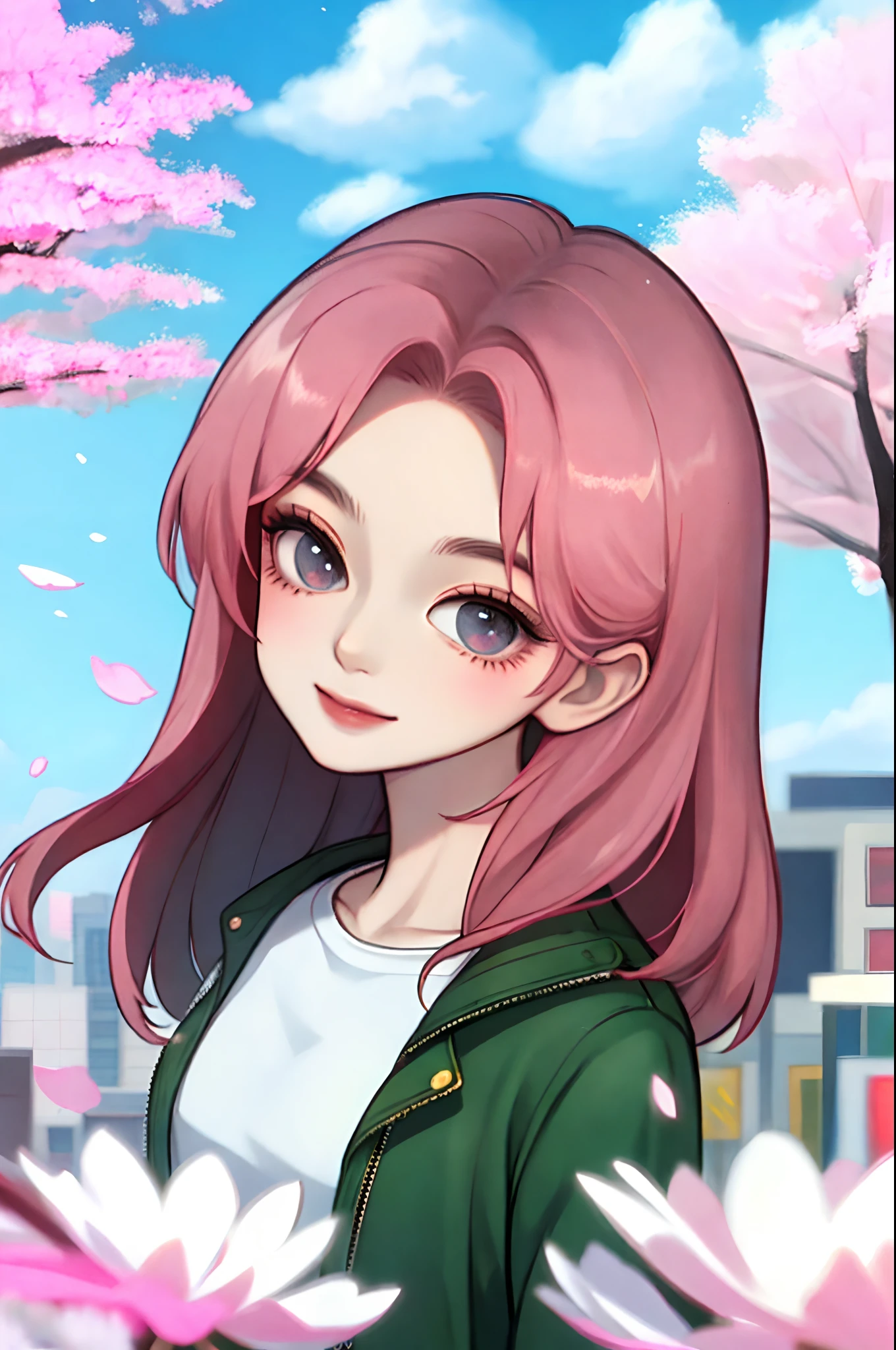 (Masterpiece, Best quality), 1lady, Beautiful, Real picture, (Upper body), face, Effortlessly cool, Front, Narrow waist, Wide buttock, Jacket, T-shirt, City, view the viewer, Light smile, Depth of field, (cherry blossom), Lens flare, Clouds