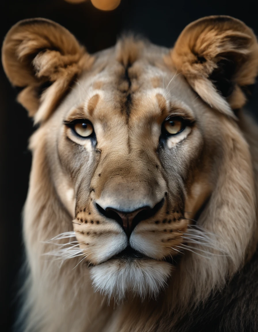 (best quality,4k,8k,highres,masterpiece:1.2),ultra-detailed,(realistic,photorealistic,photo-realistic:1.37), The lion anthropomorphic :1.7, (Plush ears:1.3),facial features, facial details, gorgeous clothing, exquisite facial features, medium shot, glowing light eyes, golden hair, Golden crystal glass material, royal flash noble, surrounded by halos, dark blue, cinematic shooting, full of vitality, expressive, soft focus, best quality, 16k, high resolution, fine detailssacred, Very bright colors,Light particles, with light glowing,Mshiff,wallpaper art,UHD wallpaper, (Paired with Canon EF 35mm F/1.4L II USM lens for versatile compositions:1.2)