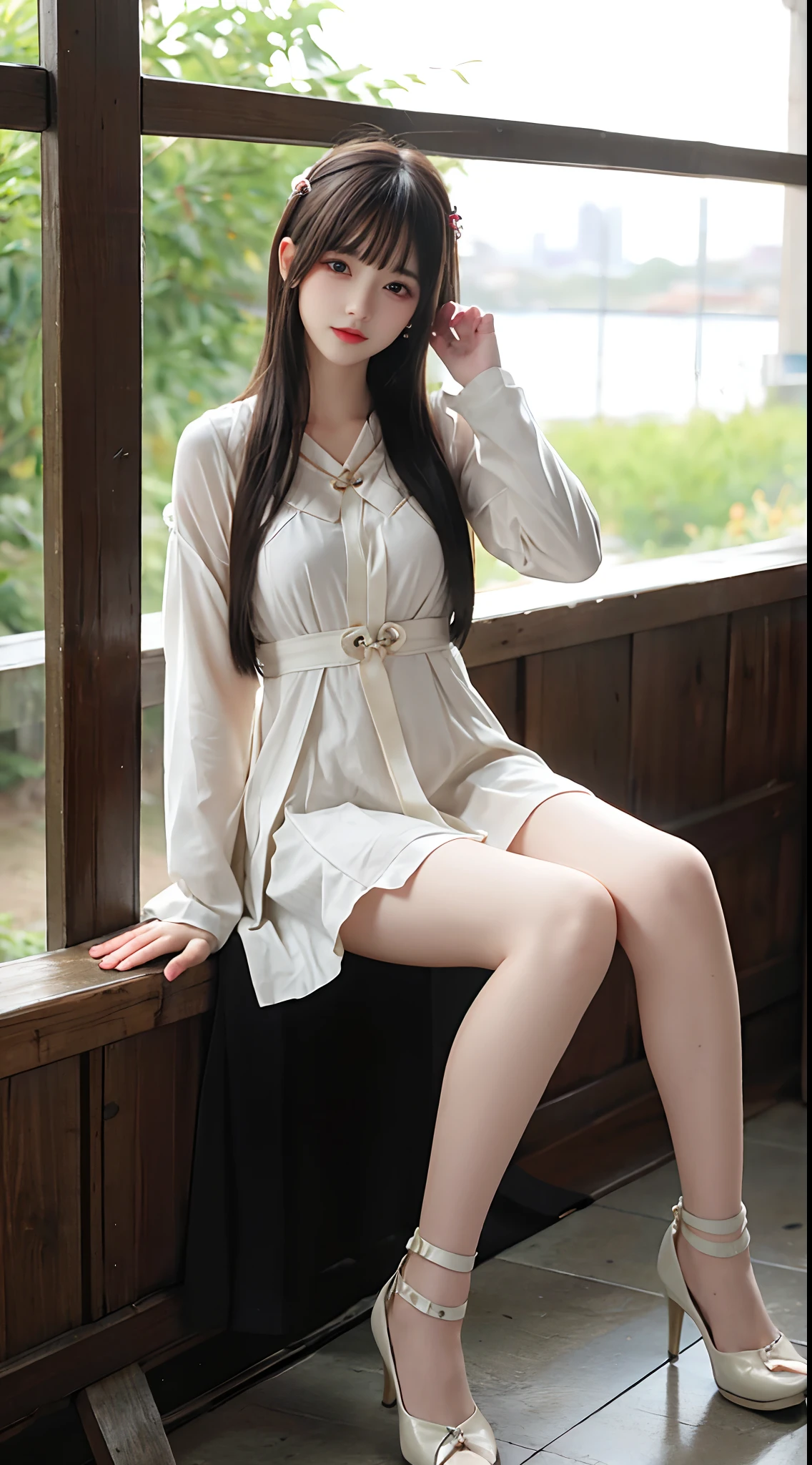 High Quality, Masterpiece, Highly Detailed, High Resolution, 4K, Ultra High Definition, Detailed Shadows, Ultra Realistic, Dramatic Lighting, 1girl, Solo, Detailed Face, Realistic Eyes, Realistic Skin, Dynamic Hair, Dynamic Pose, Dynamic Angle, White Flower Dress, White Background, ulzzang-6500-v1.1, (raw Photo:1.2), ( photorealistic:1.4), beautiful detailed girl, very detailed eyes and face, beautiful detailed eyes, ridiculous, incredibly ridiculous, huge file size, super detailed, high resolution, very detailed, best quality,
(Bright indoor), (soft light), (low contrast), (shallow depth of field), (portrait of a beautiful woman illuminated by gentle light), (extremely delicate and elegant depiction), (short length bangs), (hair color is a dark chestnut shade with a slight brown tone), (hair with a subtle and gentle wave), (small braids intricately woven on the side of long hair), (adorned with a thin ribbon), ( white blouse with small frills), (bow tie), (blue long skirt), (white short ankle socks), illustration, very detailed, CG, unified, 8k wallpaper, amazing, fine detail, best quality, Very detailed CG unified 8k wallpaper, face light, movie lighting, 1girl, 16 years old, ((no panties)), ((dynamic pose))), (camel toe), (half), (bent knees and legs sitting))