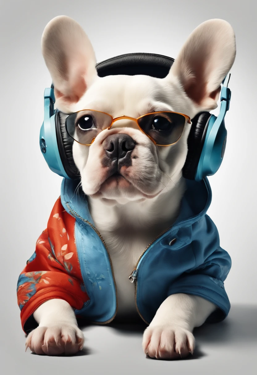 Perfekte Zentrierung, french bullgog puppy , Wear a jacket for the student team, Tragen einer Sonnenbrille, Wearing headphones, Frohsinn, Stand, abstract beauty, zentriert, Blick in die Kamera, Der Kamera zugewandt, Auf dem Weg zur Perfektion, dynamisch, Highly detailed, glatt, Scharfer Fokus, 8K, High-resolution resolution, Illustration, Kunst von Carne Griffiths und Wadim Kashin, white background