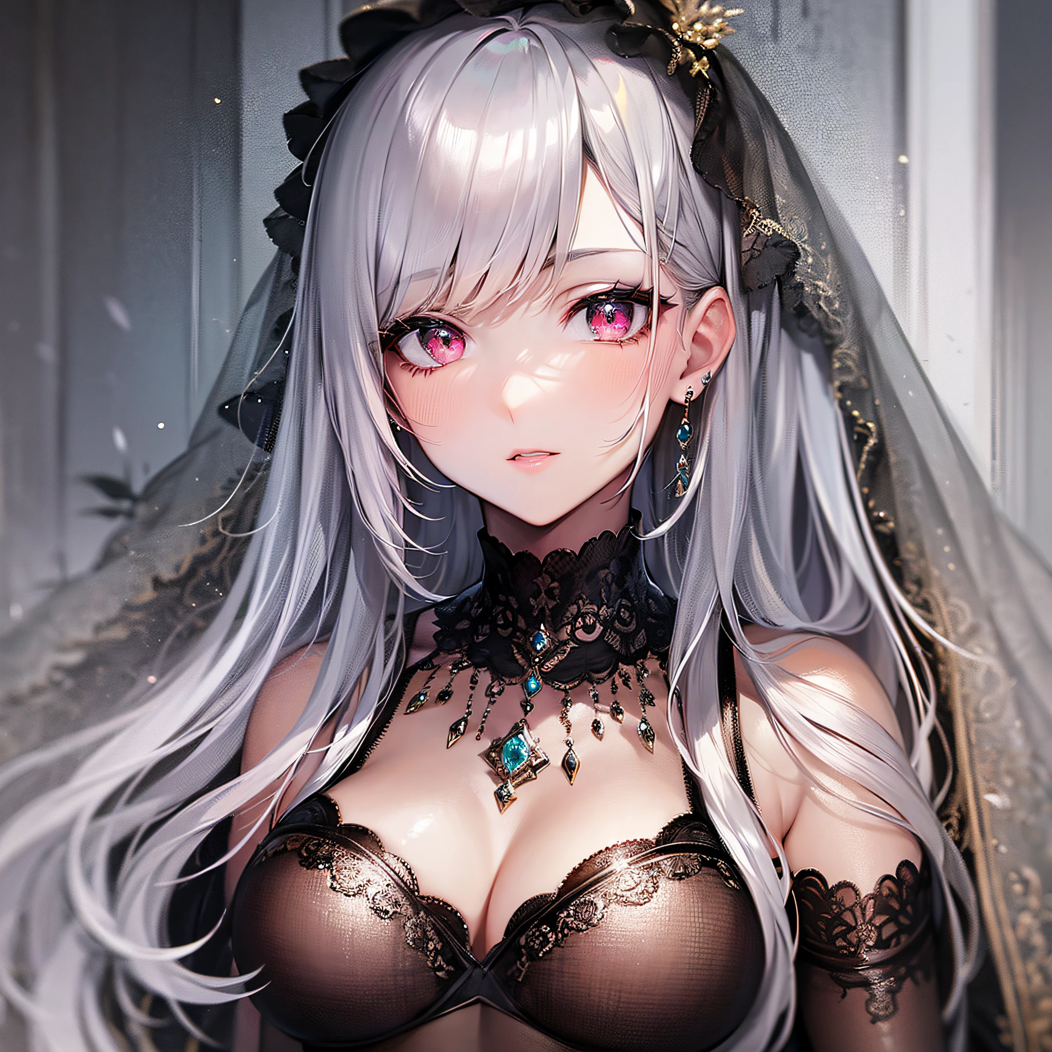 1girl, crimson eyes, silver hair, black royal dress, shiny jewelries, veiled face