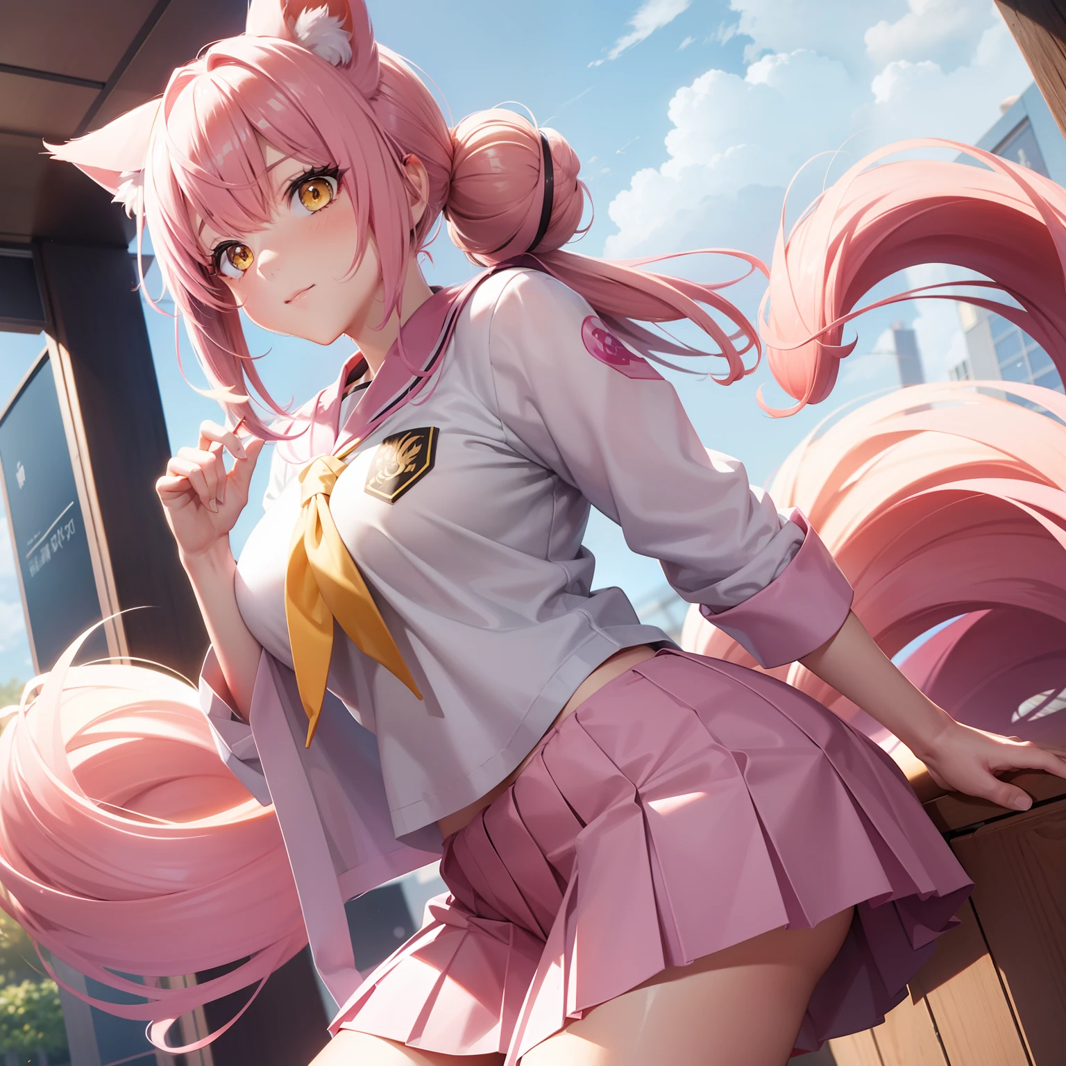 Yellow eyes, pink hair with buns, school uniform, kitsune features