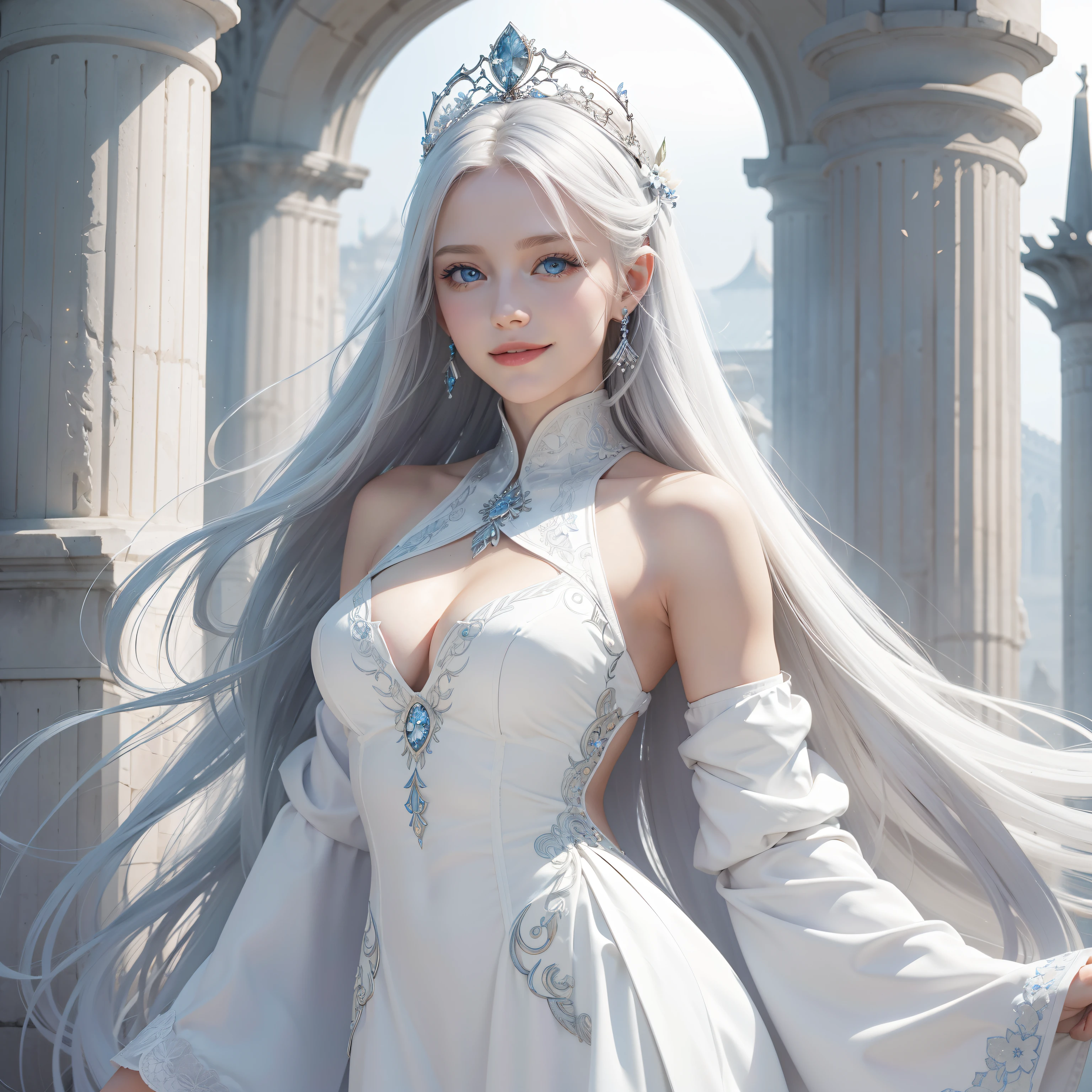 White goddess blue eyes in human shape、beautiful body of a flower of a very attractive age with white lower hair,,,,,,,Wearing a white dress,Smiling inside a magnificent palace made of white stone,Looking back in front of the throne,