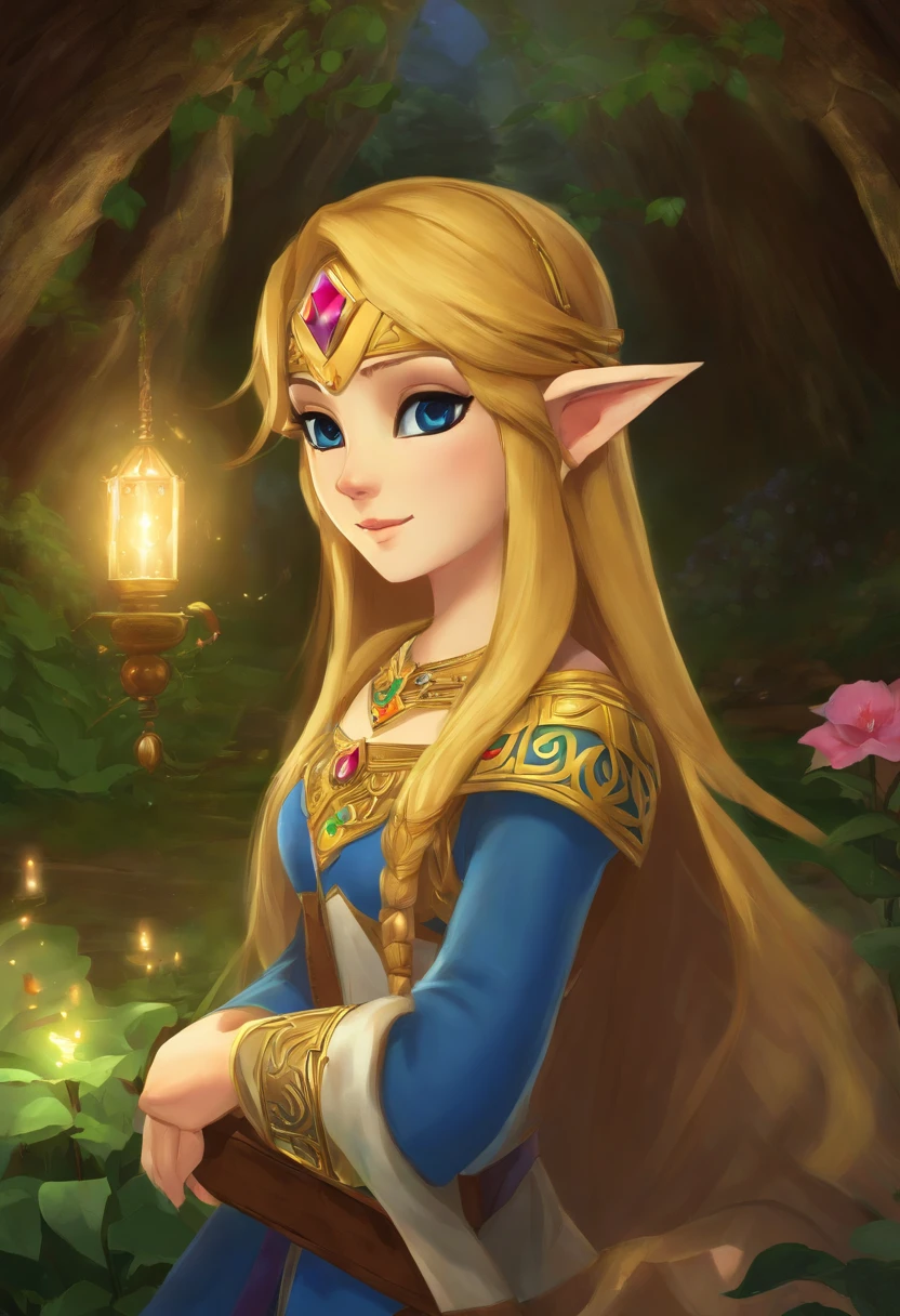 Princess Zelda ((masterpiece)), (illustration), ((best quality)), rainbow color, high resolution illustration, Amazing, highres, intricate detail, extremely detailed CG unity 8k wallpaper ((zelda)), small breast, upper_body, naked, (delicate cute face), long blonde hair, infatuation, (green eyes), NSFW, moonlight, night
