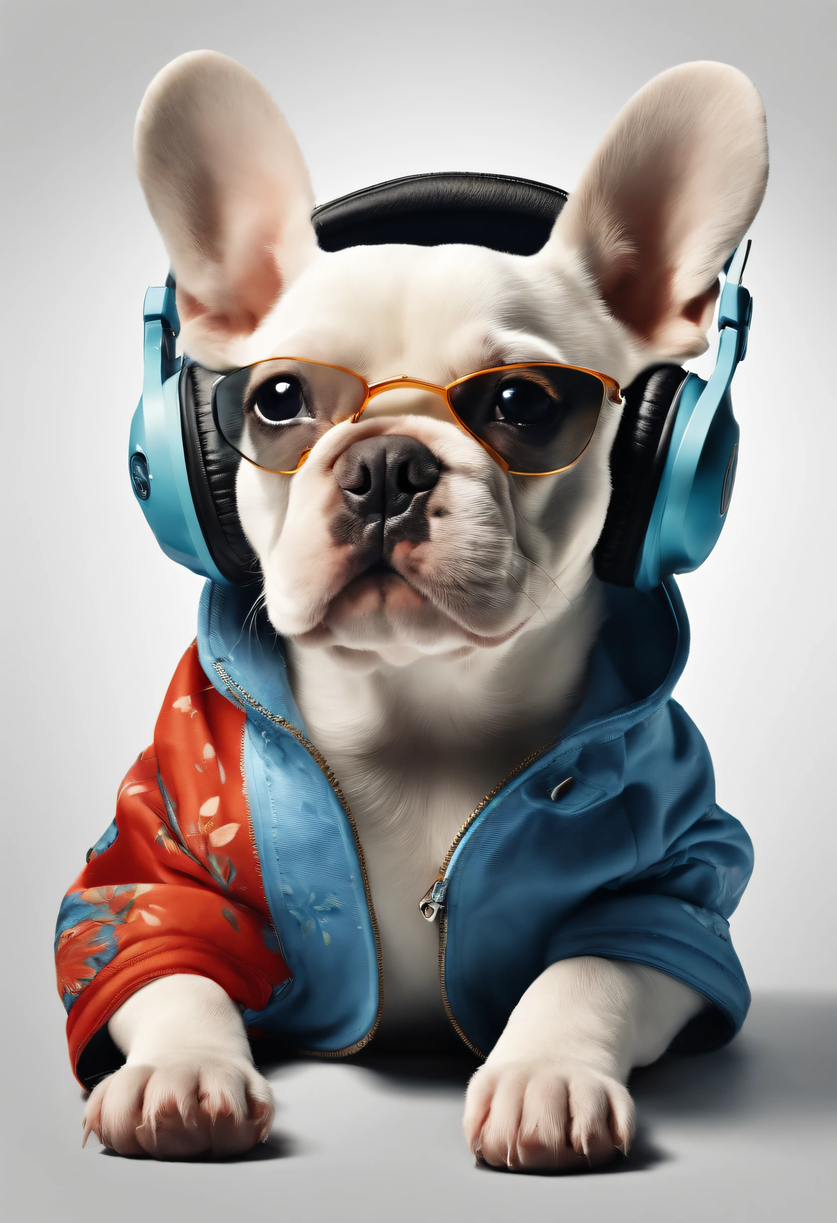 Perfekte Zentrierung, french bullgog puppy , Wear a jacket for the student team, Tragen einer Sonnenbrille, Wearing headphones, Frohsinn, Stand, abstract beauty, zentriert, Blick in die Kamera, Der Kamera zugewandt, Auf dem Weg zur Perfektion, dynamisch, Highly detailed, glatt, Scharfer Fokus, 8K, High-resolution resolution, Illustration, Kunst von Carne Griffiths und Wadim Kashin, white background