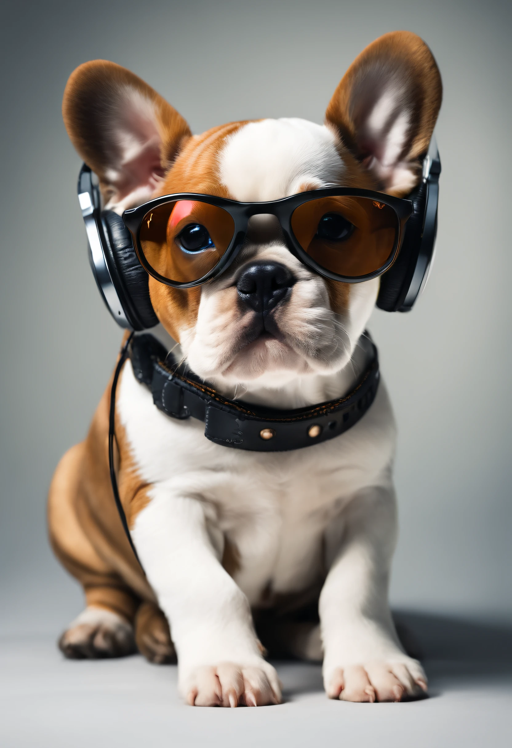 Perfekte Zentrierung, french bullgog puppy , Wear a jacket for the student team, Tragen einer Sonnenbrille, Wearing headphones, Frohsinn, Stand, abstract beauty, zentriert, Blick in die Kamera, Der Kamera zugewandt, Auf dem Weg zur Perfektion, dynamisch, Highly detailed, glatt, Scharfer Fokus, 8K, High-resolution resolution, Illustration, Kunst von Carne Griffiths und Wadim Kashin, white background