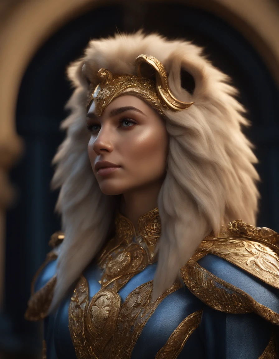 (best quality,4k,8k,highres,masterpiece:1.2),ultra-detailed,(realistic,photorealistic,photo-realistic:1.37), The lion anthropomorphic Angel:1.7, (Furry ears:1.3), medium shot, glowing light eyes, golden hair, Golden crystal glass material, royal flash noble, facial features, facial details, gorgeous clothing, exquisite facial features, surrounded by halos, dark blue, cinematic shooting, full of vitality, expressive, soft focus, best quality, 16k, high resolution, fine detailssacred, Very bright colors,Light particles, with light glowing,Mshiff,wallpaper art,UHD wallpaper, (Paired with Canon EF 35mm F/1.4L II USM lens for versatile compositions:1.2)