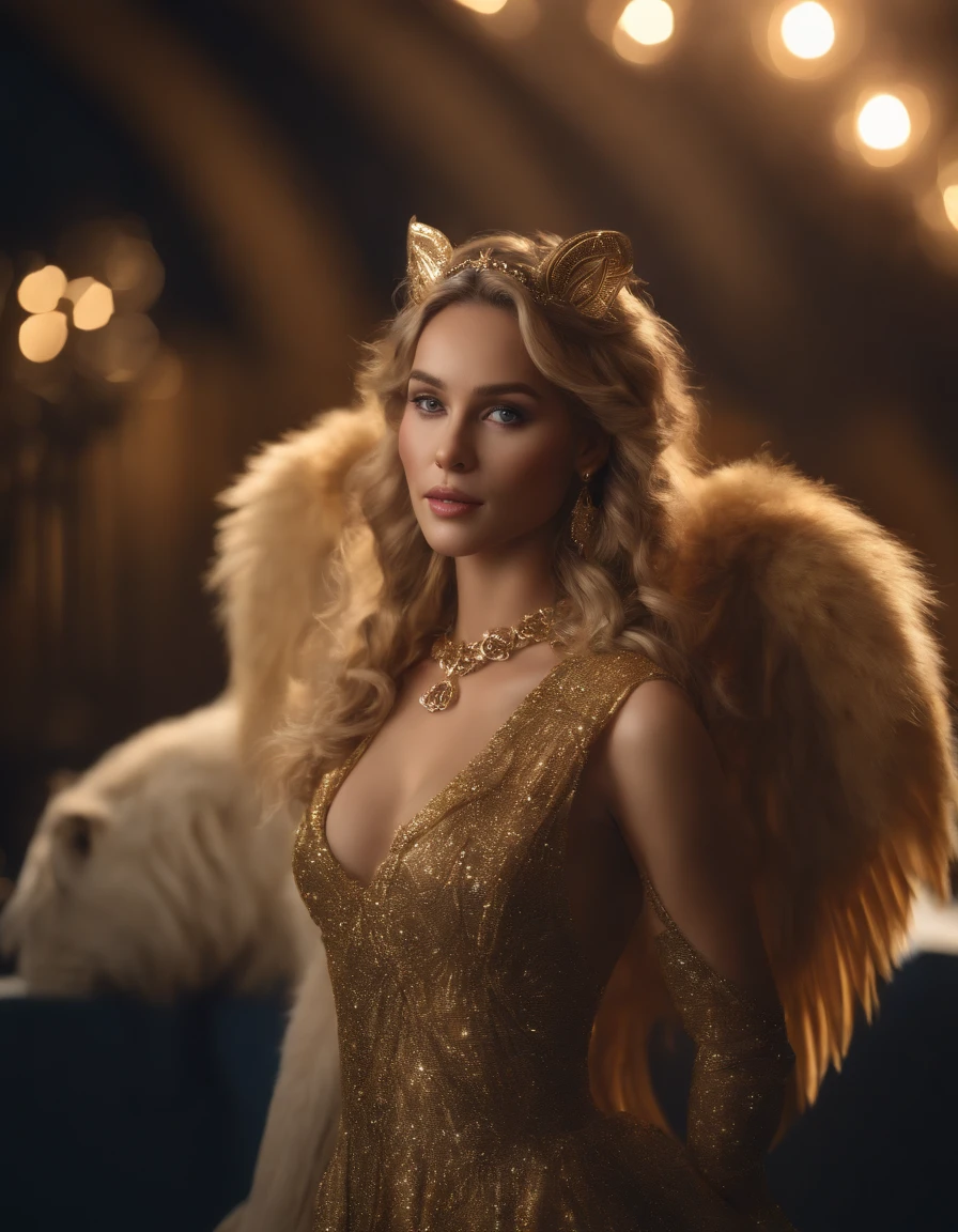 (best quality,4k,8k,highres,masterpiece:1.2),ultra-detailed,(realistic,photorealistic,photo-realistic:1.37), The lion anthropomorphic Angel:1.7, (Furry ears:1.3), medium shot, glowing light eyes, golden hair, Golden crystal glass material, royal flash noble, facial features, facial details, gorgeous clothing, exquisite facial features, surrounded by halos, dark blue, cinematic shooting, full of vitality, expressive, soft focus, best quality, 16k, high resolution, fine detailssacred, Very bright colors,Light particles, with light glowing,Mshiff,wallpaper art,UHD wallpaper, (Paired with Canon EF 35mm F/1.4L II USM lens for versatile compositions:1.2)
