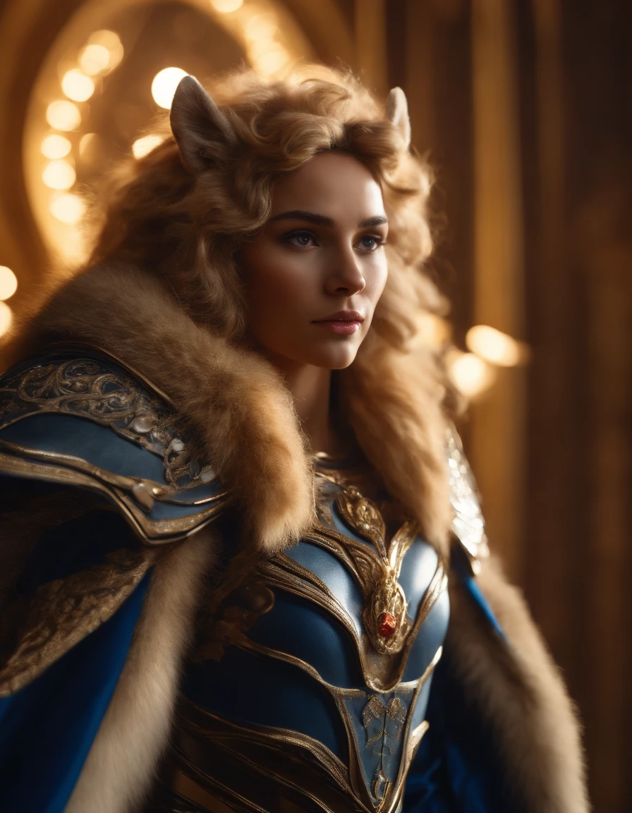 (best quality,4k,8k,highres,masterpiece:1.2),ultra-detailed,(realistic,photorealistic,photo-realistic:1.37), The lion anthropomorphic Angel:1.7, (Furry ears:1.3), medium shot, glowing light eyes, golden hair, Golden crystal glass material, royal flash noble, facial features, facial details, gorgeous clothing, exquisite facial features, surrounded by halos, dark blue, cinematic shooting, full of vitality, expressive, soft focus, best quality, 16k, high resolution, fine detailssacred, Very bright colors,Light particles, with light glowing,Mshiff,wallpaper art,UHD wallpaper, (Paired with Canon EF 35mm F/1.4L II USM lens for versatile compositions:1.2)