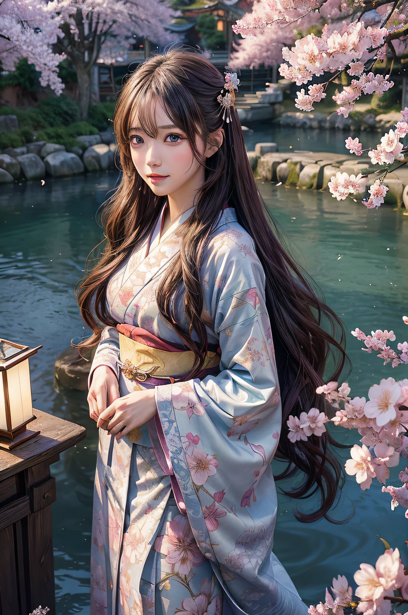 best quality,fantasy,anime,beautiful detailed eyes,long flowing hair,bright colorful scenery,meandering river and cherry blossom trees,traditional Japanese architecture,peaceful and serene atmosphere,captivating mystical creatures,realistic kimono pattern,floating lanterns,soft warm lighting,ethereal and dreamlike quality,whimsical and enchanting.