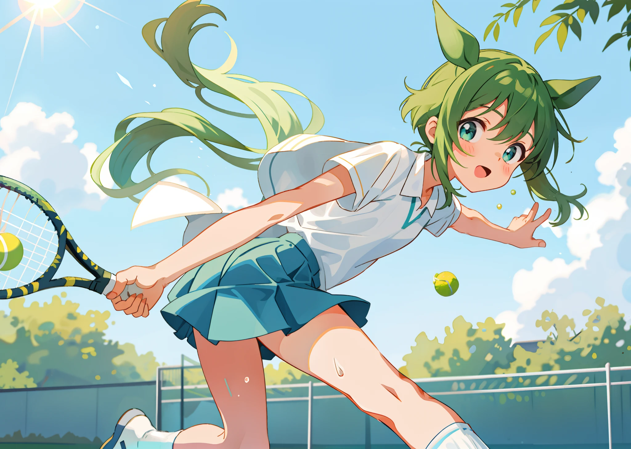 1girll, , Playing badminton with a racket in the gymnasium, Black skirt, Blue eyes,, Earphone, Long hair, , music, one side up, blue green hair, double tails, Pleated skirt