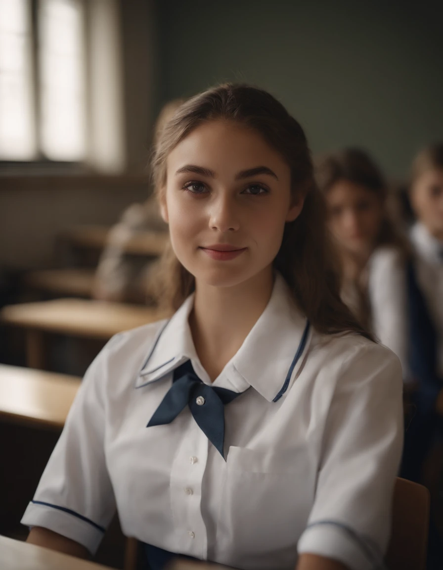1girl in,8K, Raw photography, top-quality, ​masterpiece, realisitic, Photorealsitic, A smile, Schoolgirl Uniform, Pretty beauty，High School Classroom, The upper part of the body,