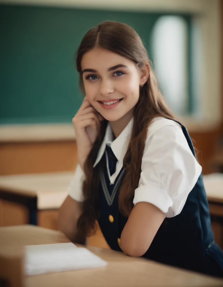 1girl in,8K, Raw photography, top-quality, masterpiece, realisitic, Photorealsitic, A smile, Schoolgirl Uniform, Pretty beauty,High School Classroom, The upper part of the body,