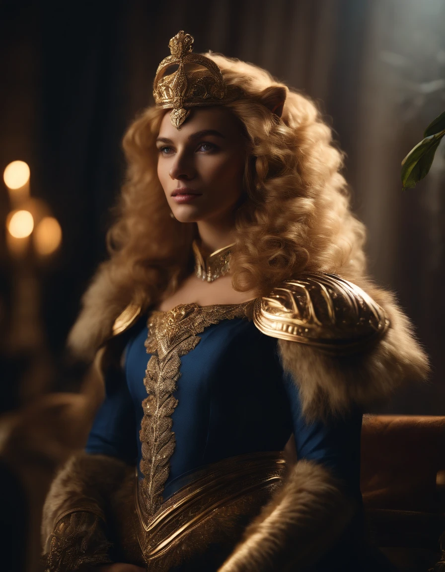 (best quality,4k,8k,highres,masterpiece:1.2),ultra-detailed,(realistic,photorealistic,photo-realistic:1.37), The lion anthropomorphic Angel:1.7, (Furry ears:1.3), medium shot, glowing light eyes, golden hair, Golden crystal glass material, royal flash noble, facial features, facial details, gorgeous clothing, exquisite facial features, surrounded by halos, dark blue, cinematic shooting, full of vitality, expressive, soft focus, best quality, 16k, high resolution, fine detailssacred, Very bright colors,Light particles, with light glowing,Mshiff,wallpaper art,UHD wallpaper, (Paired with Canon EF 35mm F/1.4L II USM lens for versatile compositions:1.2)