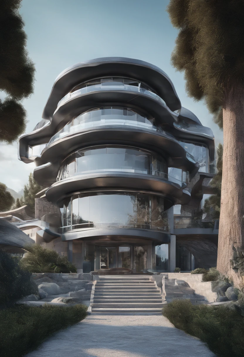 modernvilla, mabuilding, front, architecture, stone and glass, photo of a house, architecture, beautiful, masterpiece, best quality, super detailed, realistic, photorealistic, 8k, sharp focus