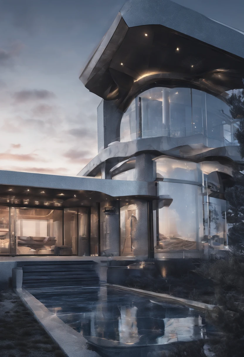 modernvilla, mabuilding, front, architecture, stone and glass, photo of a house, architecture, beautiful, masterpiece, best quality, super detailed, realistic, photorealistic, 8k, sharp focus