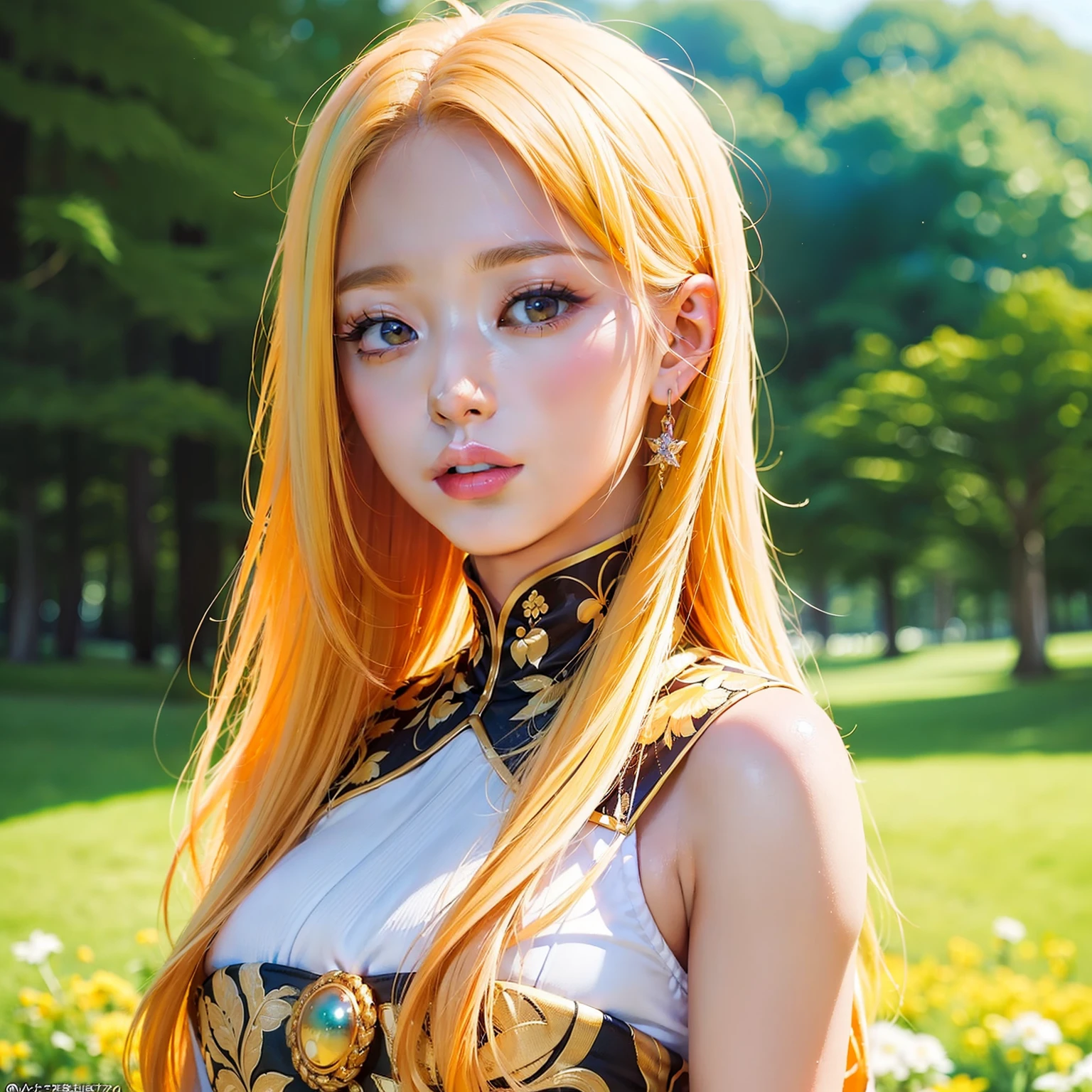 A stunning Asian girl with yellow hair strikes a seductive pose. She’s surrounded by a breathtakingly colorful backdrop, filled with vivid hues and beautiful, artistic details that create a mesmerizing and enchanting environment.