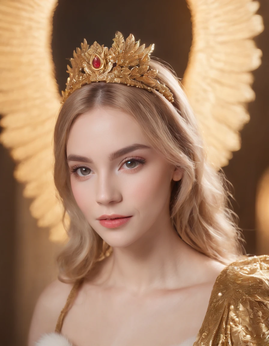 Blonde girl with golden hair and a golden crown on her head, Grimes - Book 1 Album cover, gold wings on head, gilded gold halo behind head, cabelos dourados, cabelos dourados, Grimes, coroa de ouro e filamentos, golden halo behind her head, Elle Fanning como um androide, cabelo espaguete, parece uma mistura de Grimes, assemelhando-se a uma mistura de Grimes
