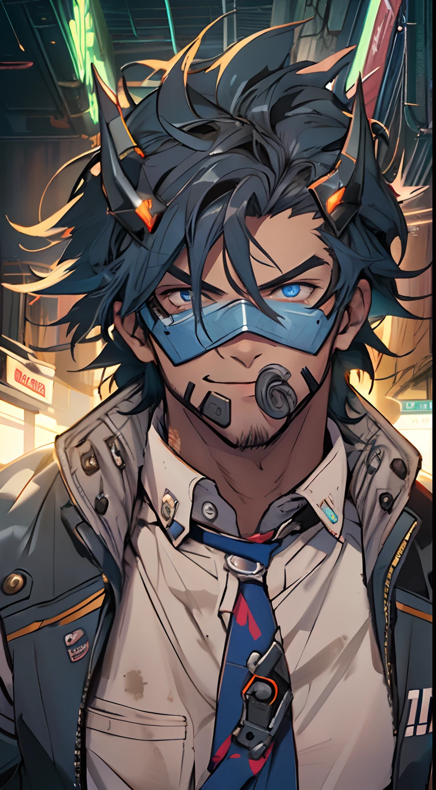 Adult man with messy hair, Decorated with a metal beast mask, His gaze was cold and sharp, A smile curled at the corner of his mouth, He wears a skinny cyberpunk-style shirt, Cover a loose jacket, Wear high-end practical pants, His demeanor was calm and cold, This character is the epitome of an elaborate sci-fi themed masked warrior in anime aesthetics, Characterized by a refined and mature manga art style, ((concept art of character)), Full body character drawing, High definition, Best quality, Ultra-detailed, Extremely delicate, Anatomically correct, Symmetrical face, Extremely detailed eyes and face, High quality eyes, creativity, RAW photo, hyper HD, 16k, (Natural light, Professional lighting:1.2, Cinematic lighting:1.5), (Masterpiece:1.5)