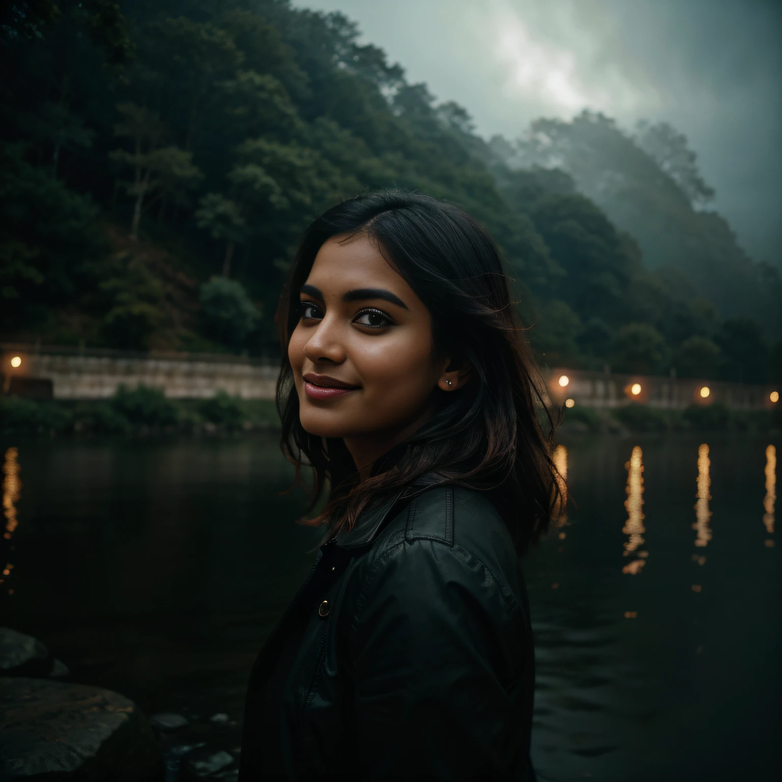 exotic girl, indian, looking at the viewer, highly detailed face, beautiful perfect face, in a river, , full smile, very happy {full body:1}, cinematic lighting, very high detailed, foggy background, shot on Fujifilm Superia 400, Short Light, 32k, cinematic composition, professional color grading, film grain, atmosphere, wondrous, very stormy, cinematic lighting, very high detailed, foggy background, shot on Fujifilm Superia 400, Short Light, 32k, cinematic composition, professional color grading, film grain, atmosphere, wondrous, very stormy